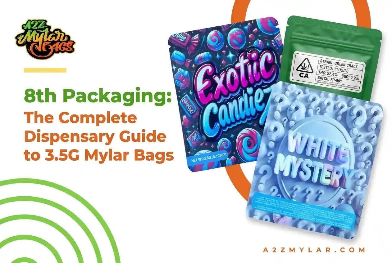 8th Packaging Guide: Master 3.5g Mylar bags for dispensaries. Ensure compliance & branding with A2Z Mylar Bags.
