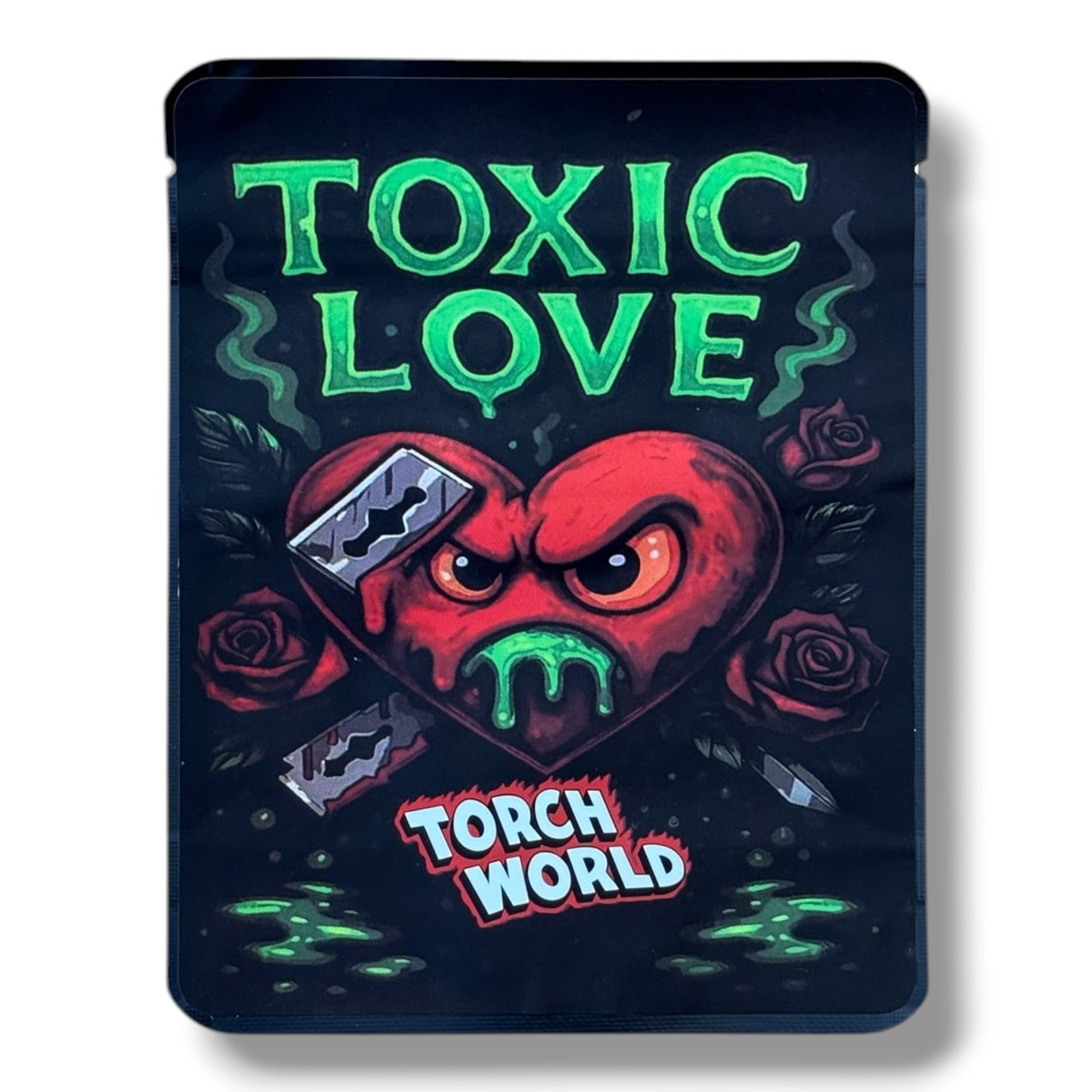 Torch World Toxic Love 3.5G Mylar sticker Bags -With stickers and label