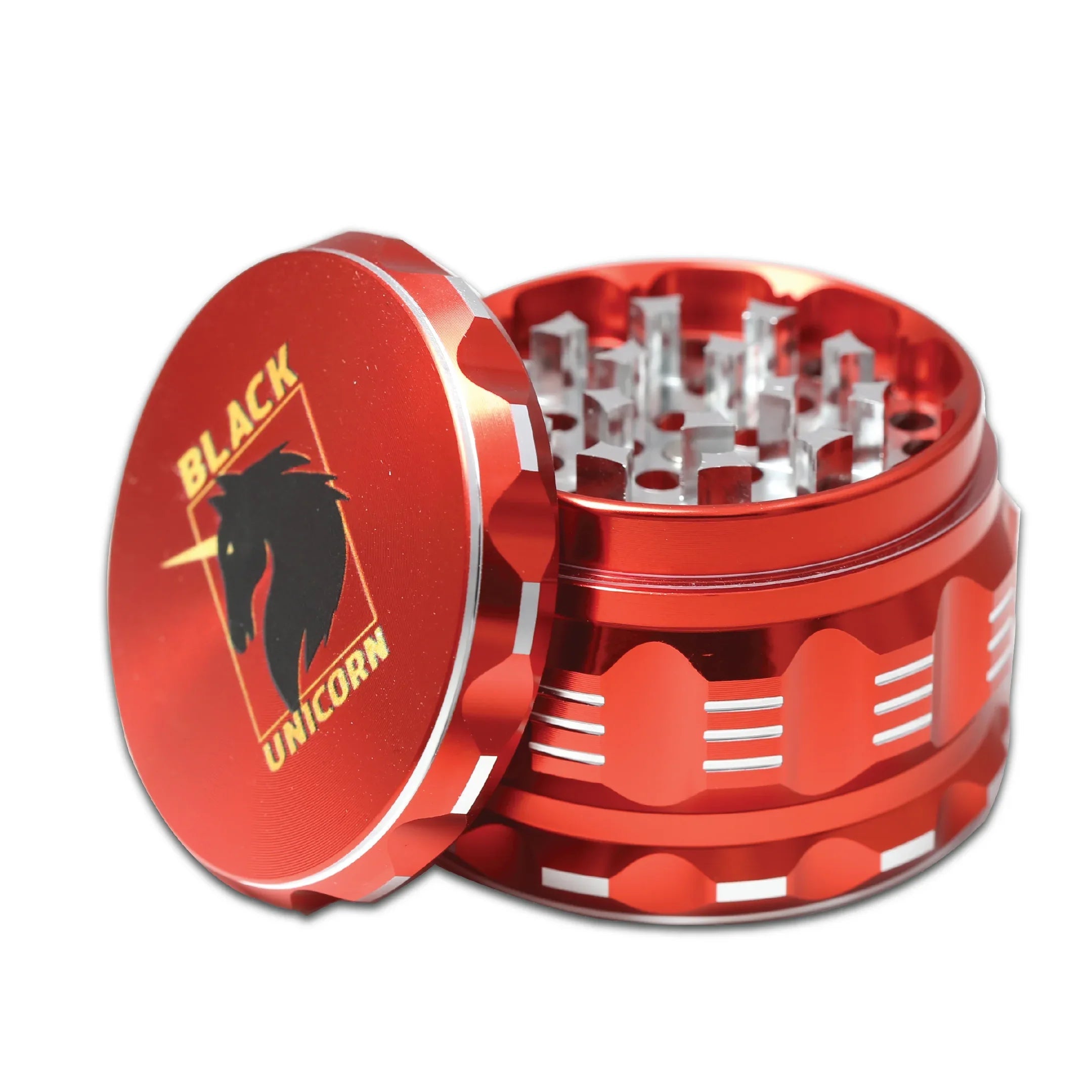 Black Unicorn Grinder with Pollen Catcher. Large 4 Piece, 2.5" Aluminum (Red) - Black Unicorn Hub