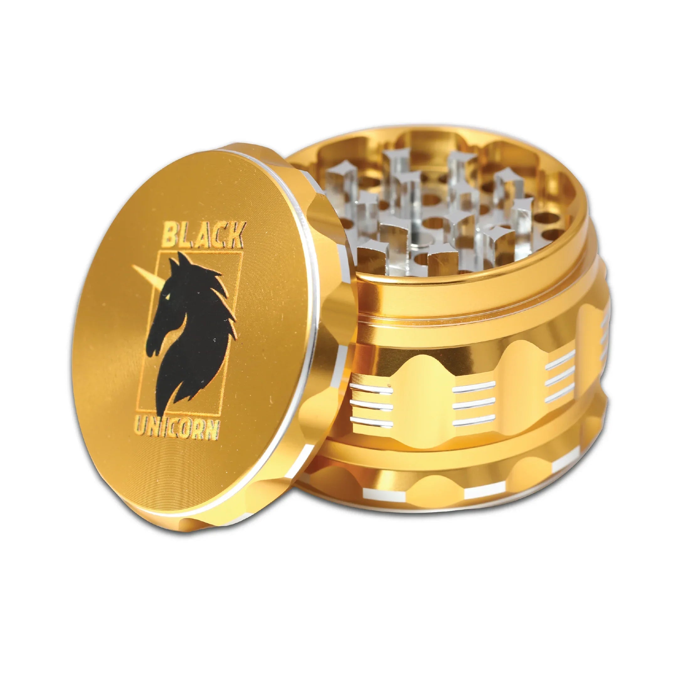 Grinder with Pollen Catcher. Large 4 Piece, 2.5" Aluminum (Gold) - Black Unicorn Hub