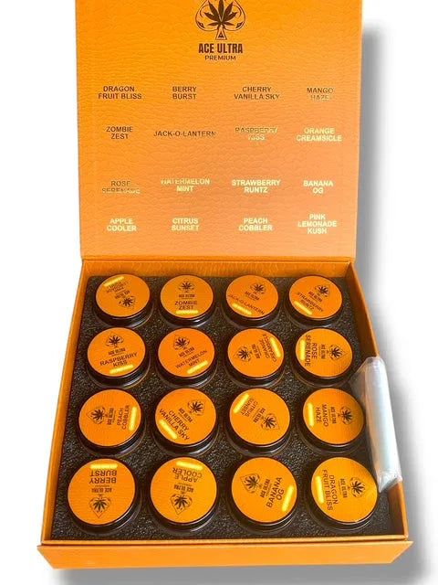 Ace Ultra Premium 1oz Glass Jars - Varity Pack 16 Strains in box Empty Jars - Black Unicorn Hub