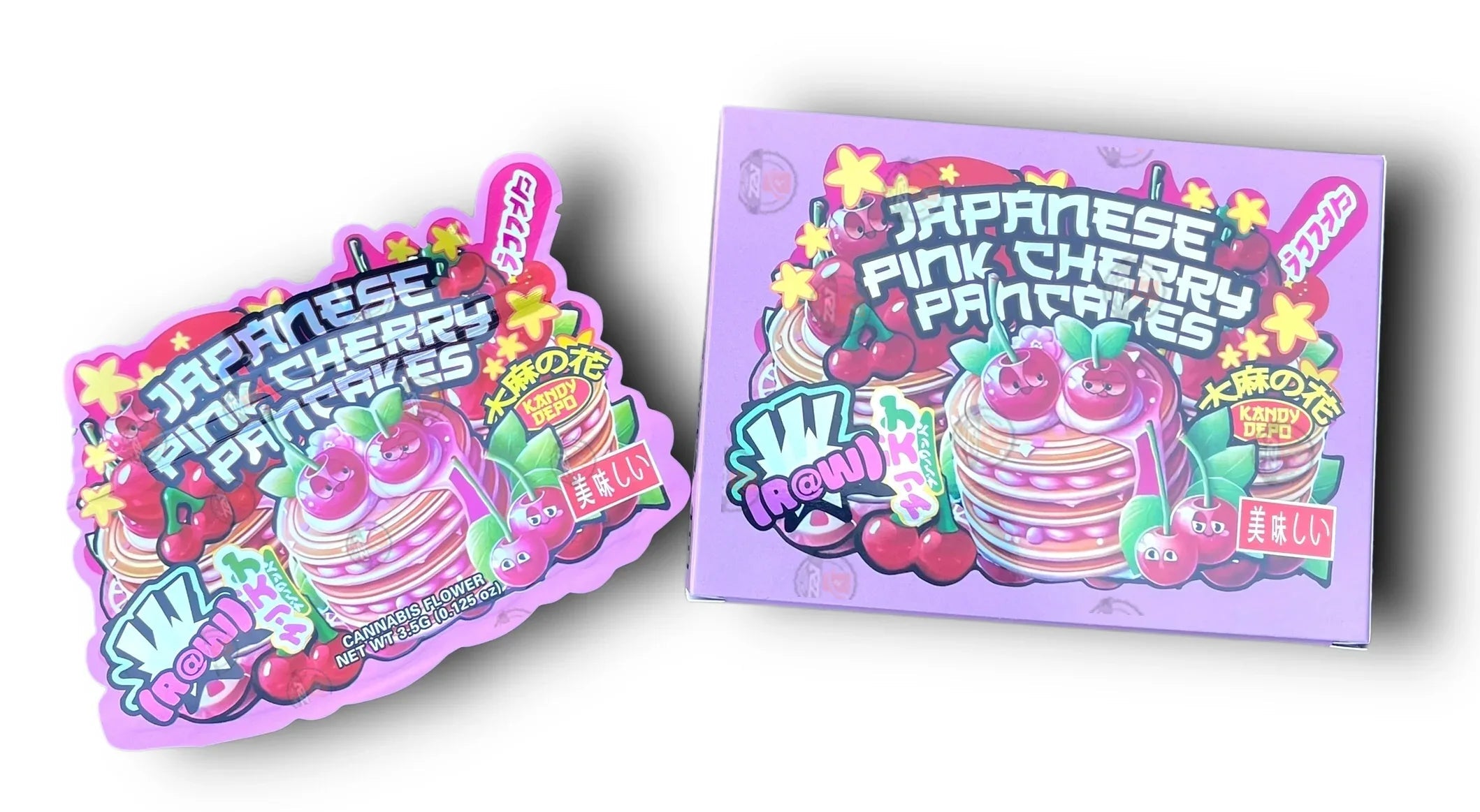 Kandy Depo Japanese Pink Cherry Pancakes Mylar Bags with Boxes 3.5g Box Packaging Holographic - Black Unicorn Hub