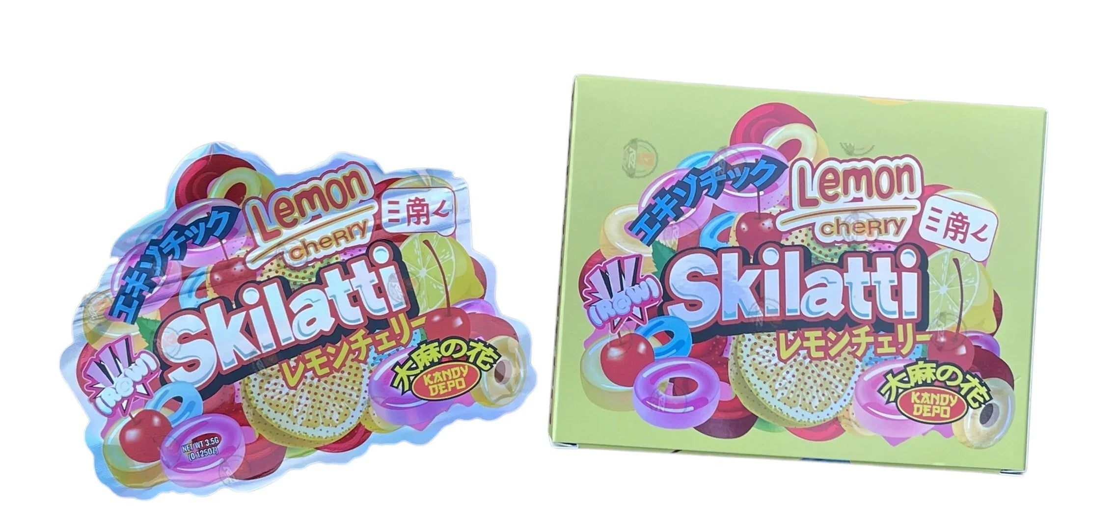 Kandy Depo Lemon Cherry Skilatti Mylar Bags with Boxes 3.5g Box Packaging Holographic - Black Unicorn Hub