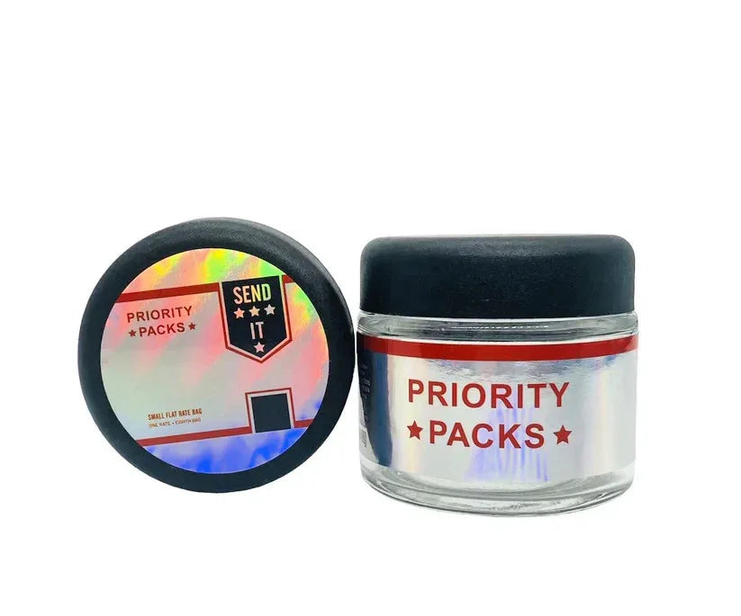 USPS Priority Packs 3.5g Glass Jars with Holographic Stickers - Black Unicorn Hub