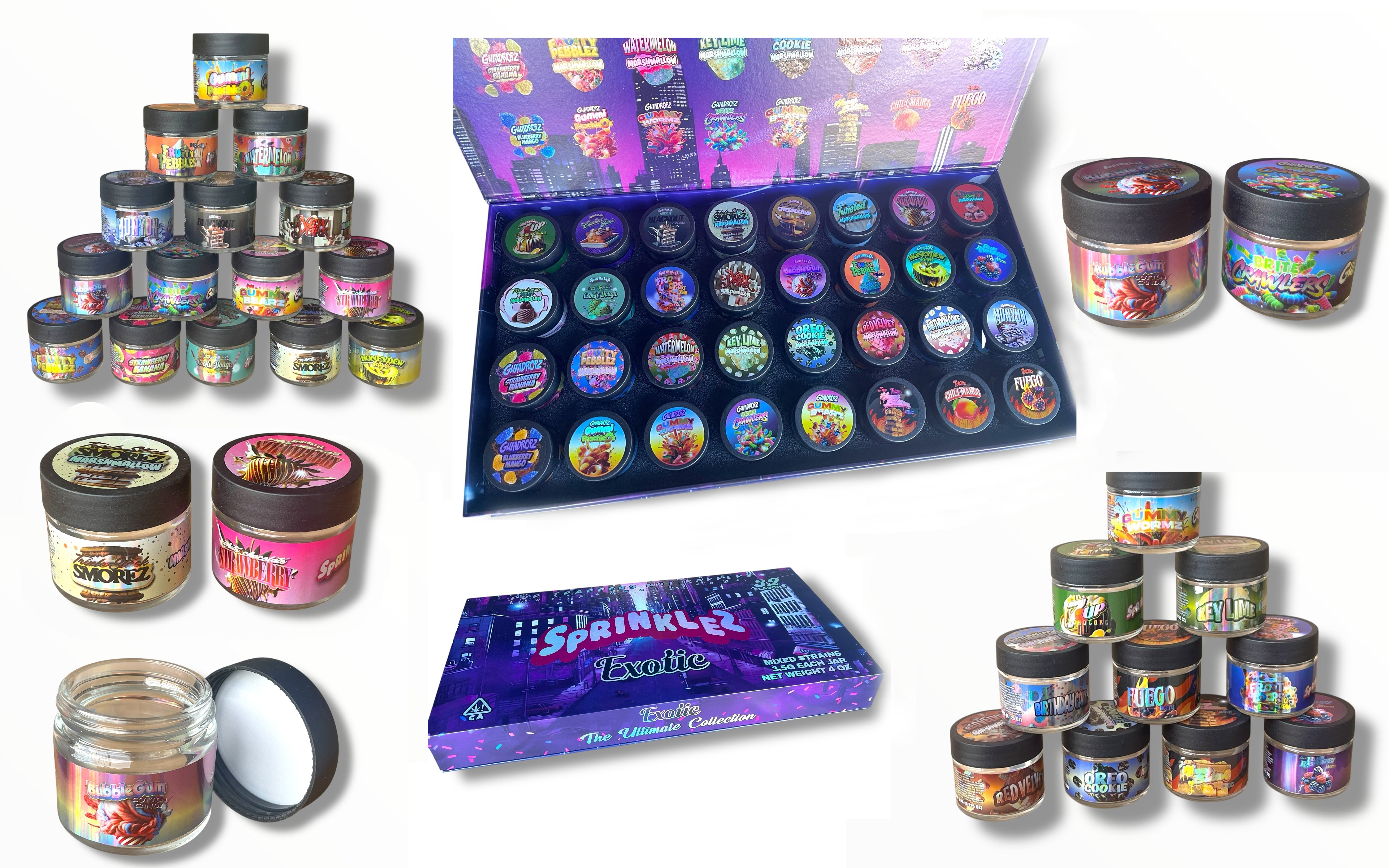 Sprinklez Variety Pack Exotic Glass Jars - Varity Pack 32 Strains in box Empty Jars