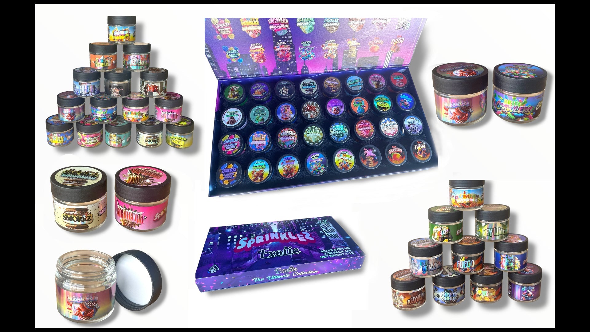 Sprinklez Variety Pack Exotic Glass Jars - Varity Pack 32 Strains in box Empty Jars