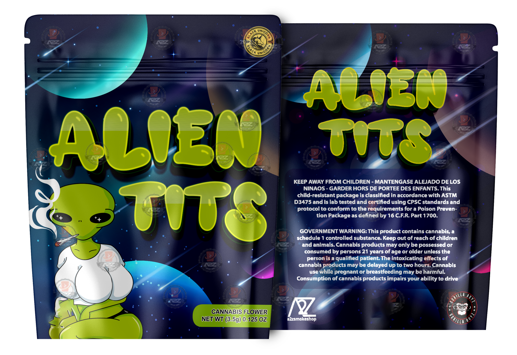 Alien Tits Holographic Mylar bag 3.5g For Flower- Black Unicorn