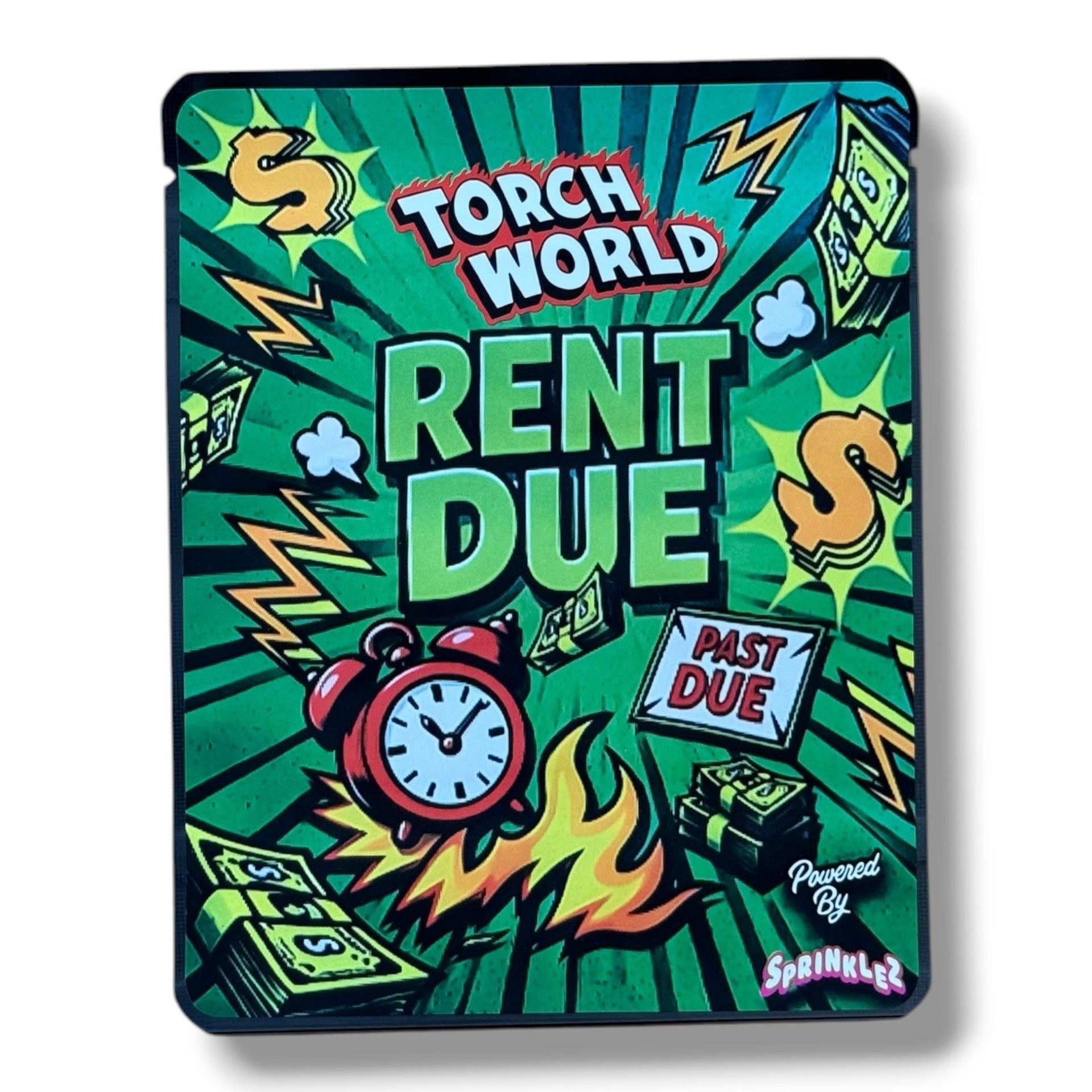 Sprinklez Torch World Rent Due 3.5G Mylar sticker Bags -With stickers and label