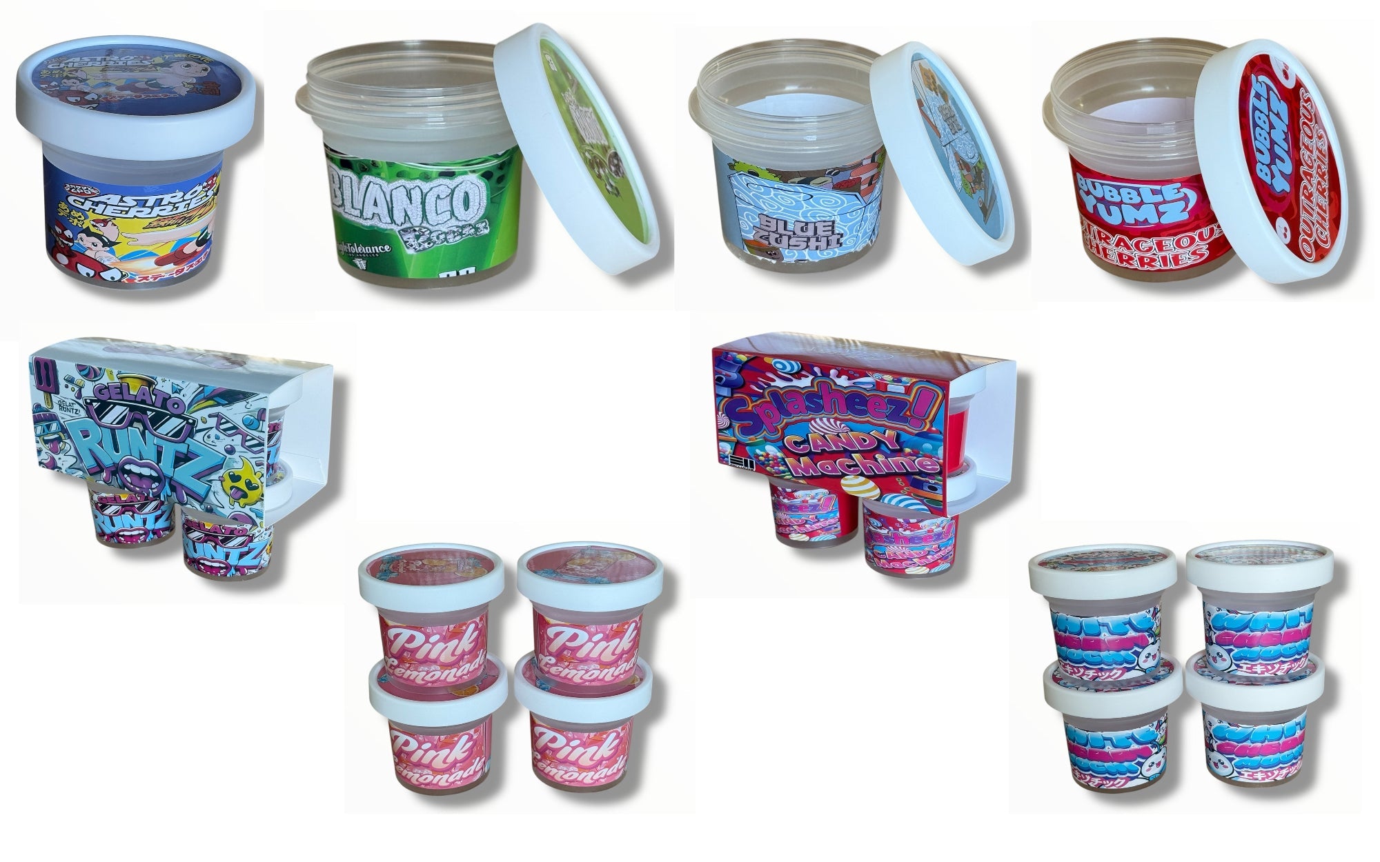 Collection of various small containers and packages with colorful labels on a white background