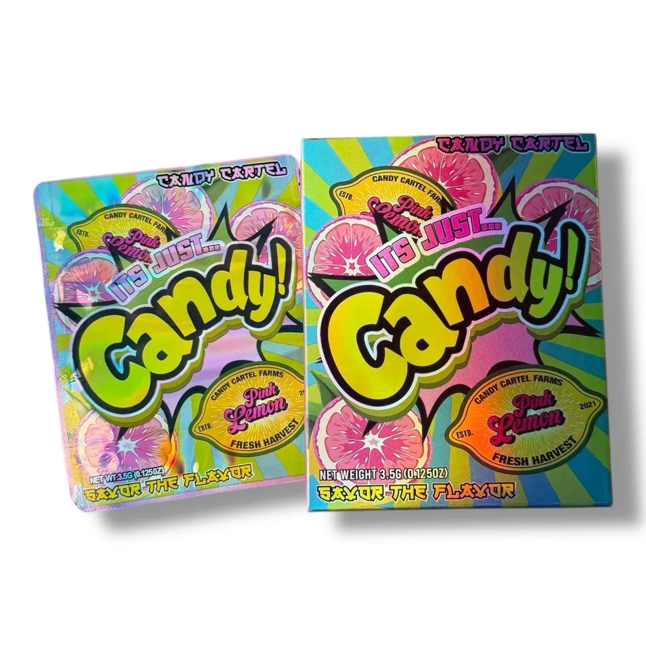 Candy Pink Lemon Mylar Bags with Boxes 3.5g Box Packaging Candy Cartel - Black Unicorn Hub