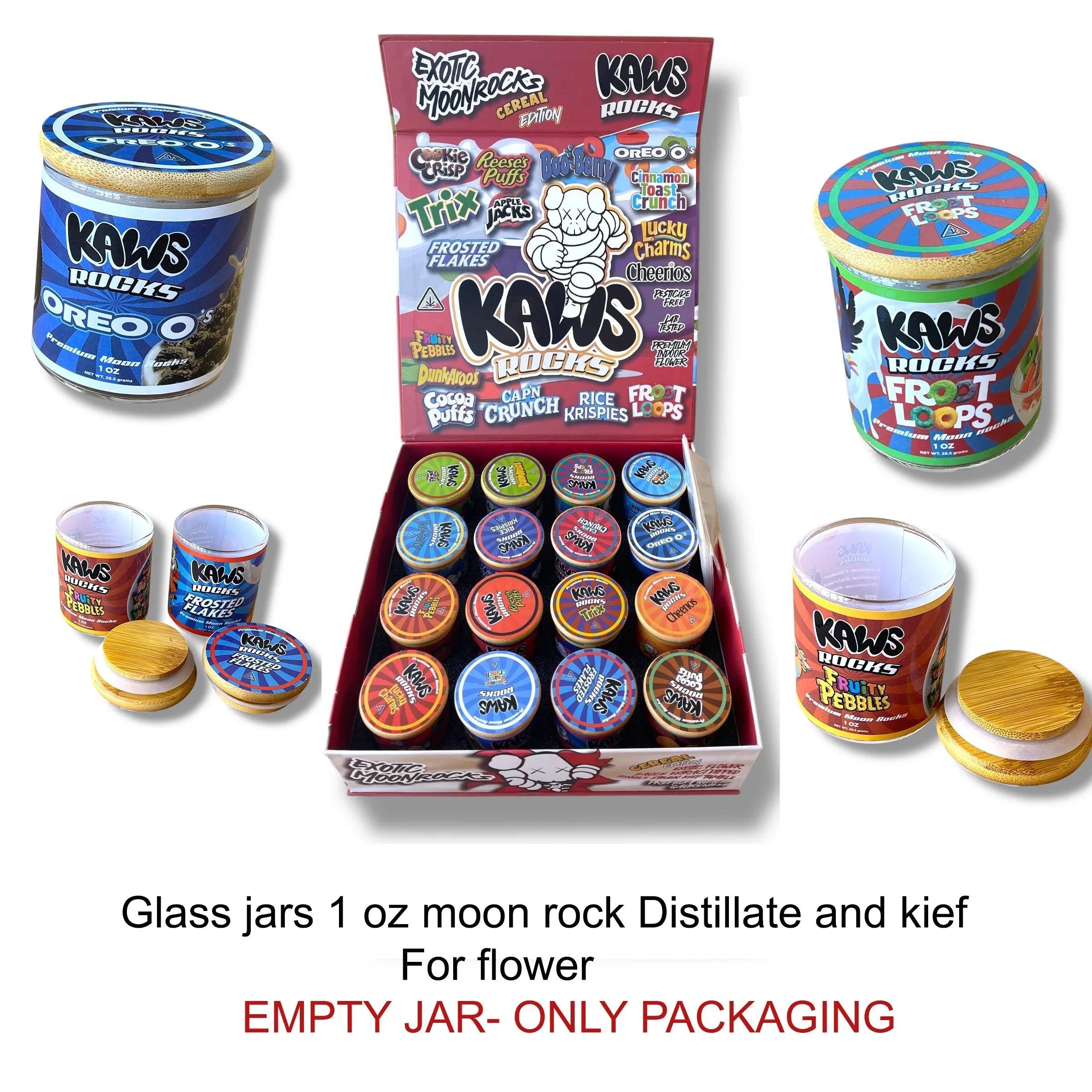Kawz Moon Rocks Cereal Edition 1oz Glass Jars - Varity Pack 16 Strains in box Empty Jars - Black Unicorn Hub