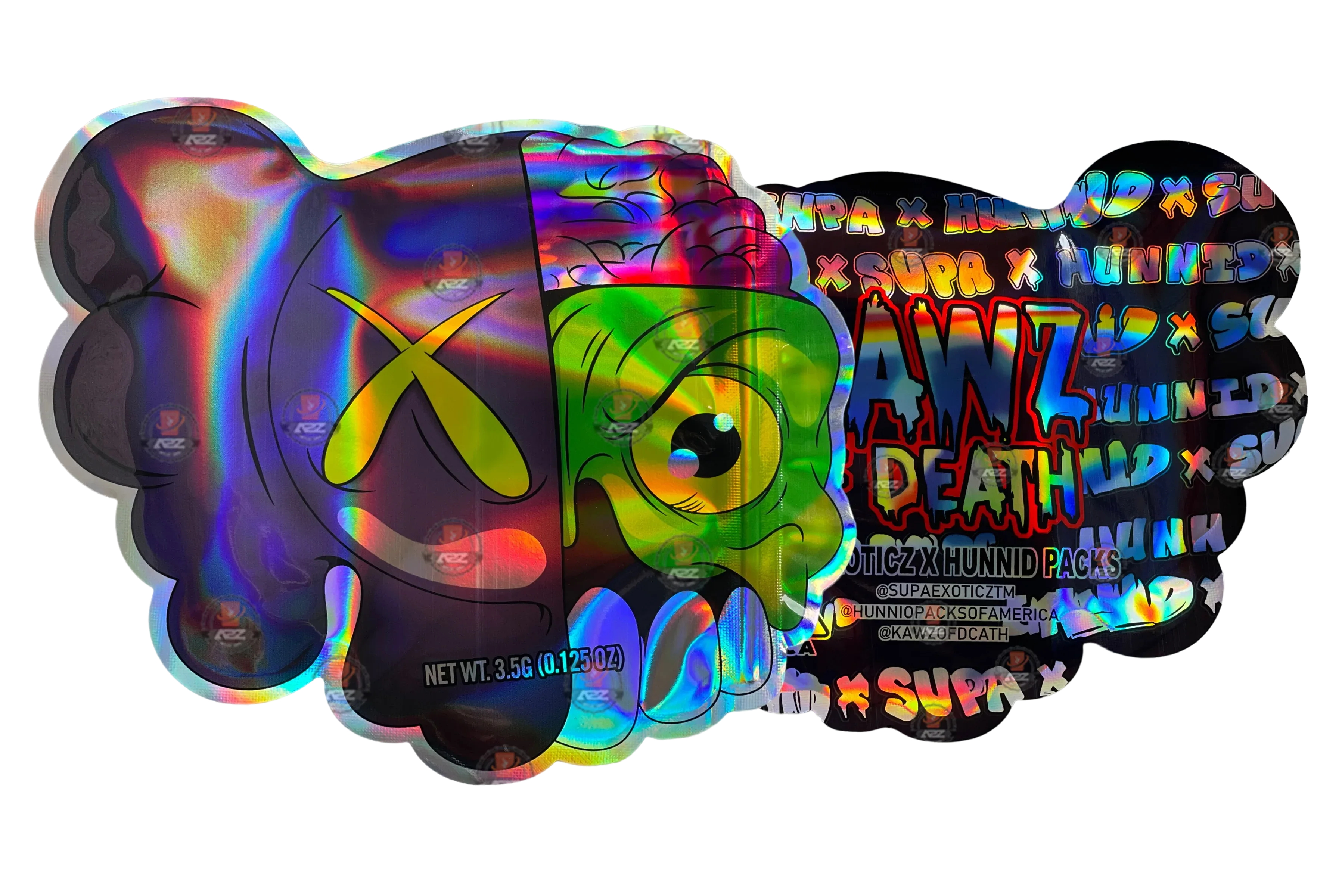 Kawz Of Death 3.5g Mylar Bag Cut Out-Holographic Supa Exoticz X Hunnid Packs - Black Unicorn Hub