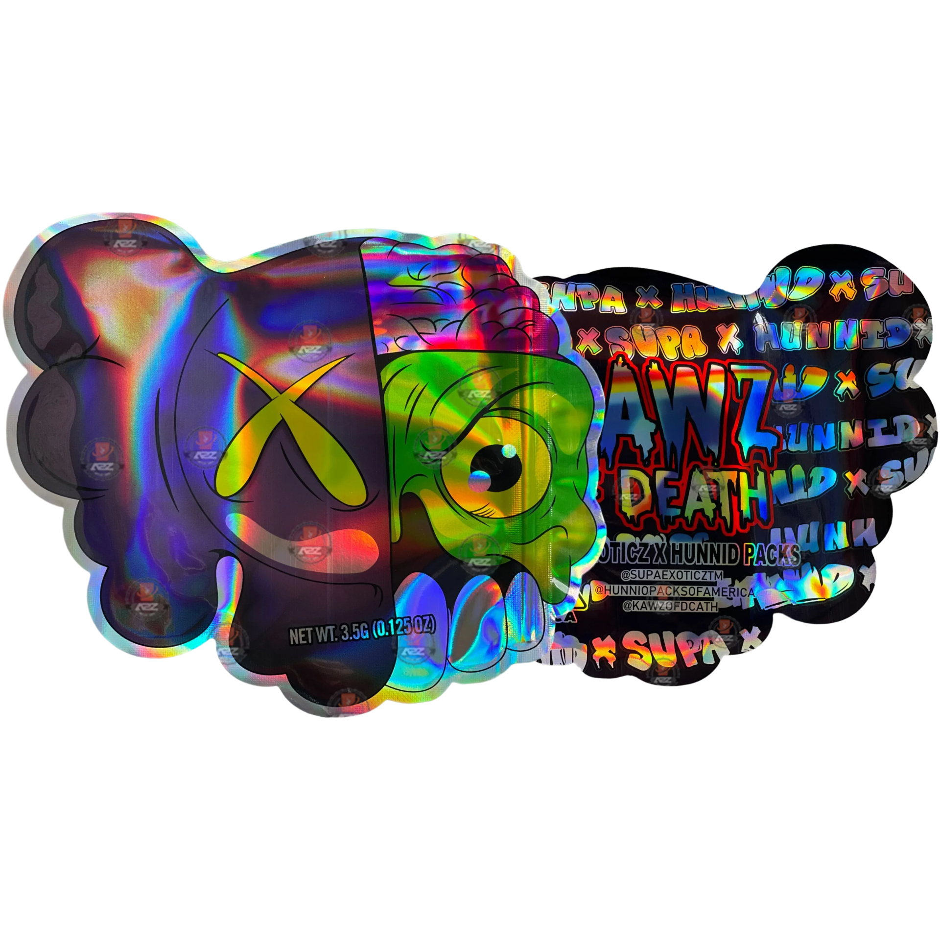 Kawz Of Death 3.5g Mylar Bag Cut Out-Holographic Supa Exoticz X Hunnid Packs - Black Unicorn Hub