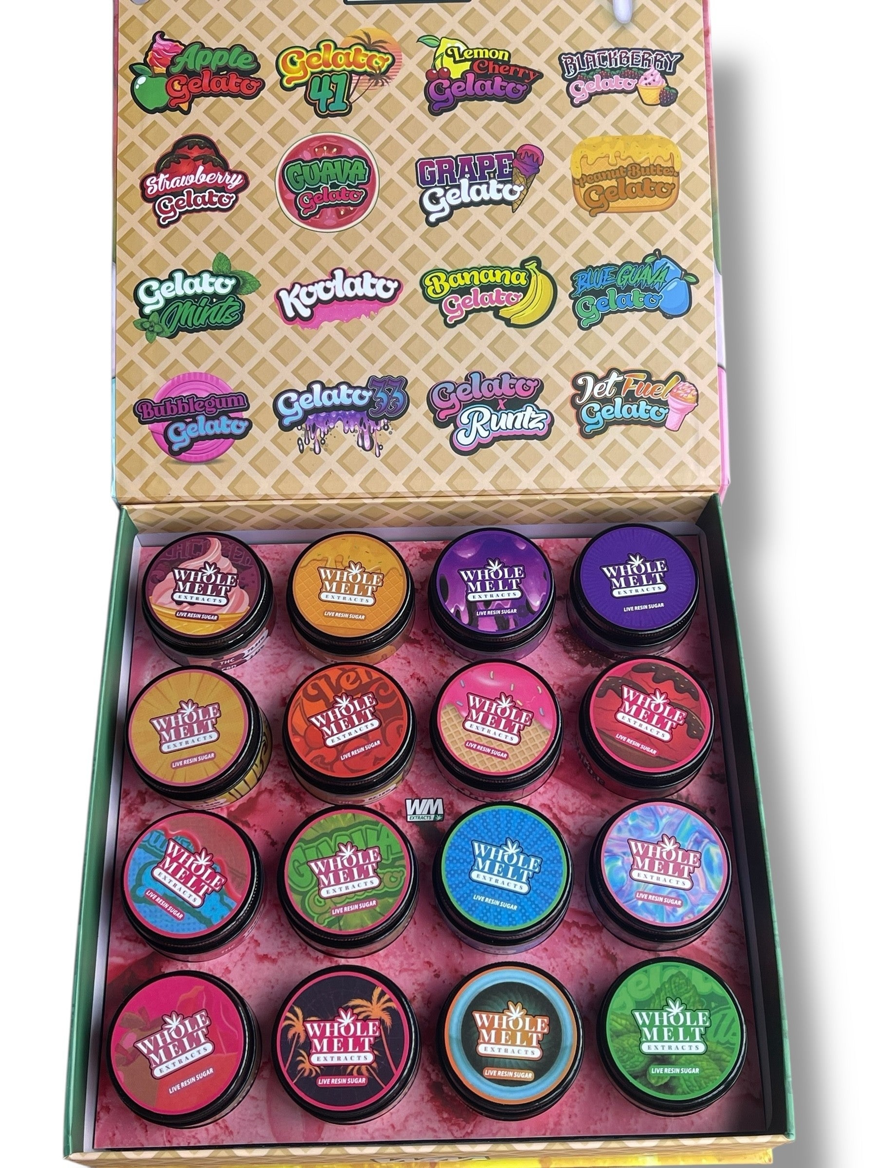 Whole Melt Gelato 1oz Glass Jars - Varity Pack 16 Strains in box Empty Jars