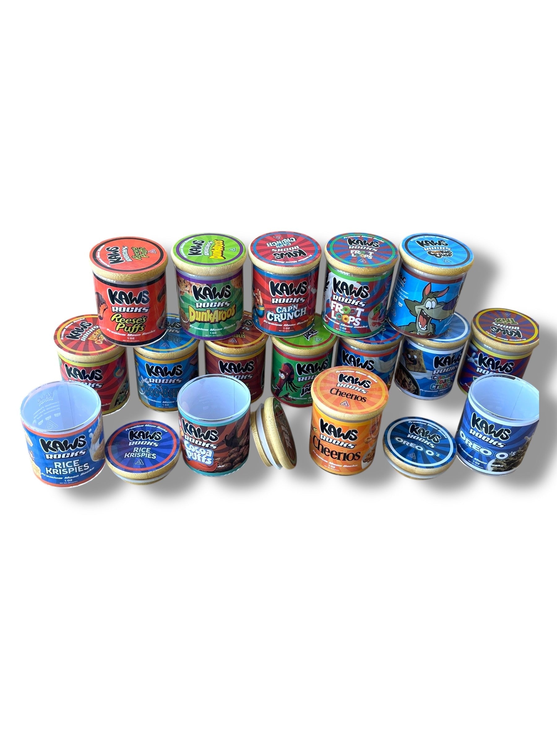 Kawz Moon Rocks Cereal Edition 1oz Glass Jars - Varity Pack 16 Strains in box Empty Jars