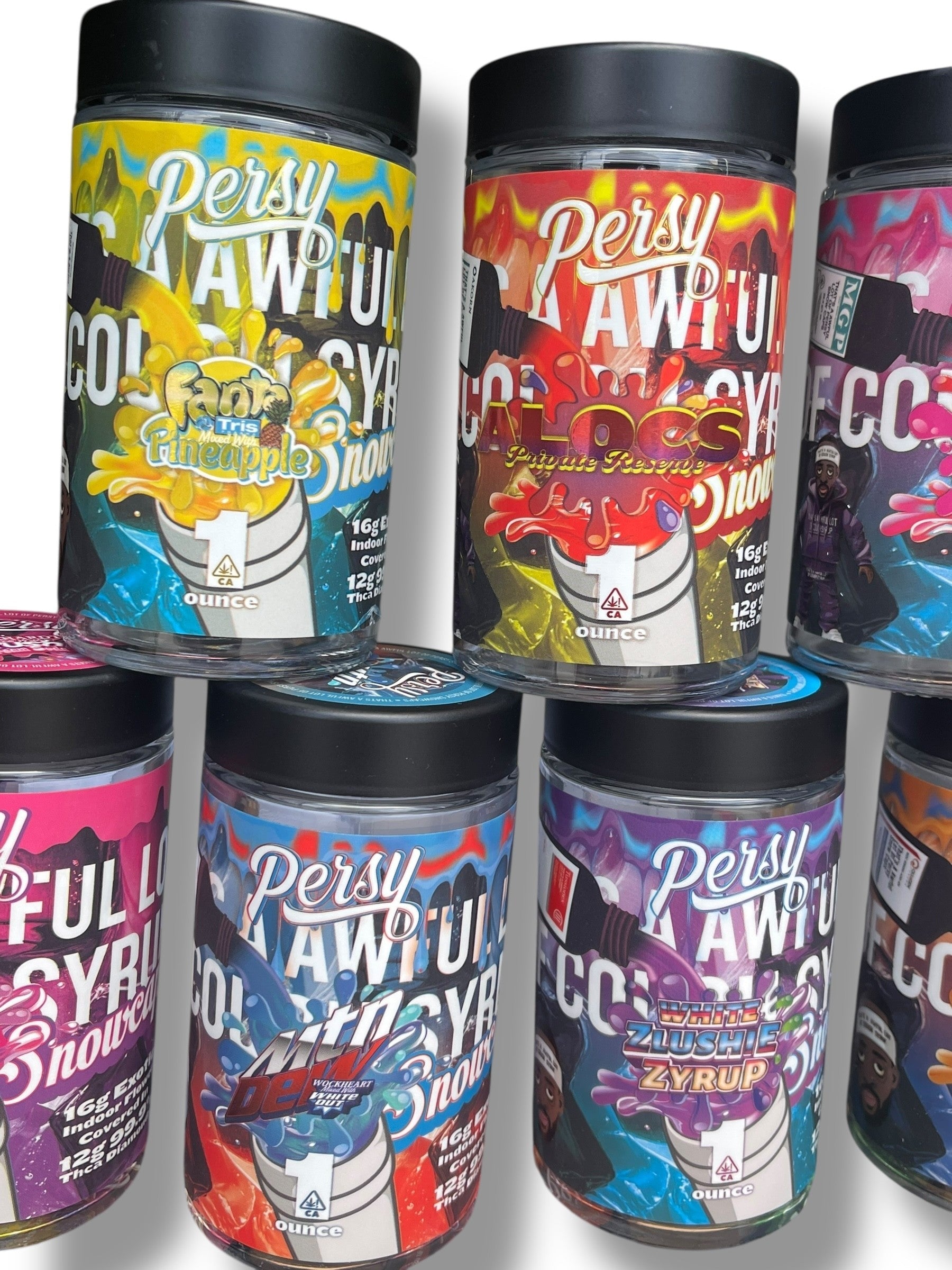 Persy Mini Snowballs Cough Syrup 16-1oz Glass Jars - Varity Pack 16 Flavors in box 1 pound- Empty Jars