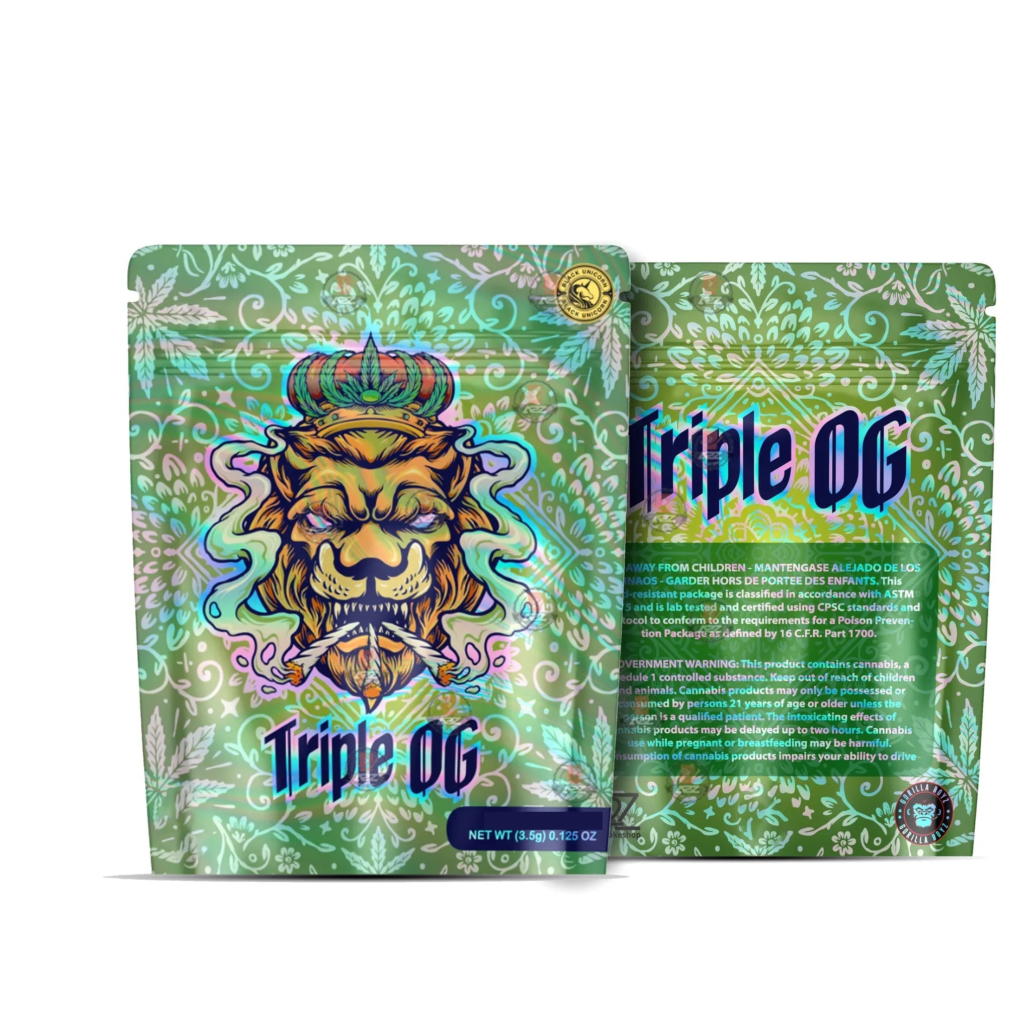 Tripple OG Holographic Mylar bag 3.5g - For Flower- Black Unicorn - Black Unicorn Hub