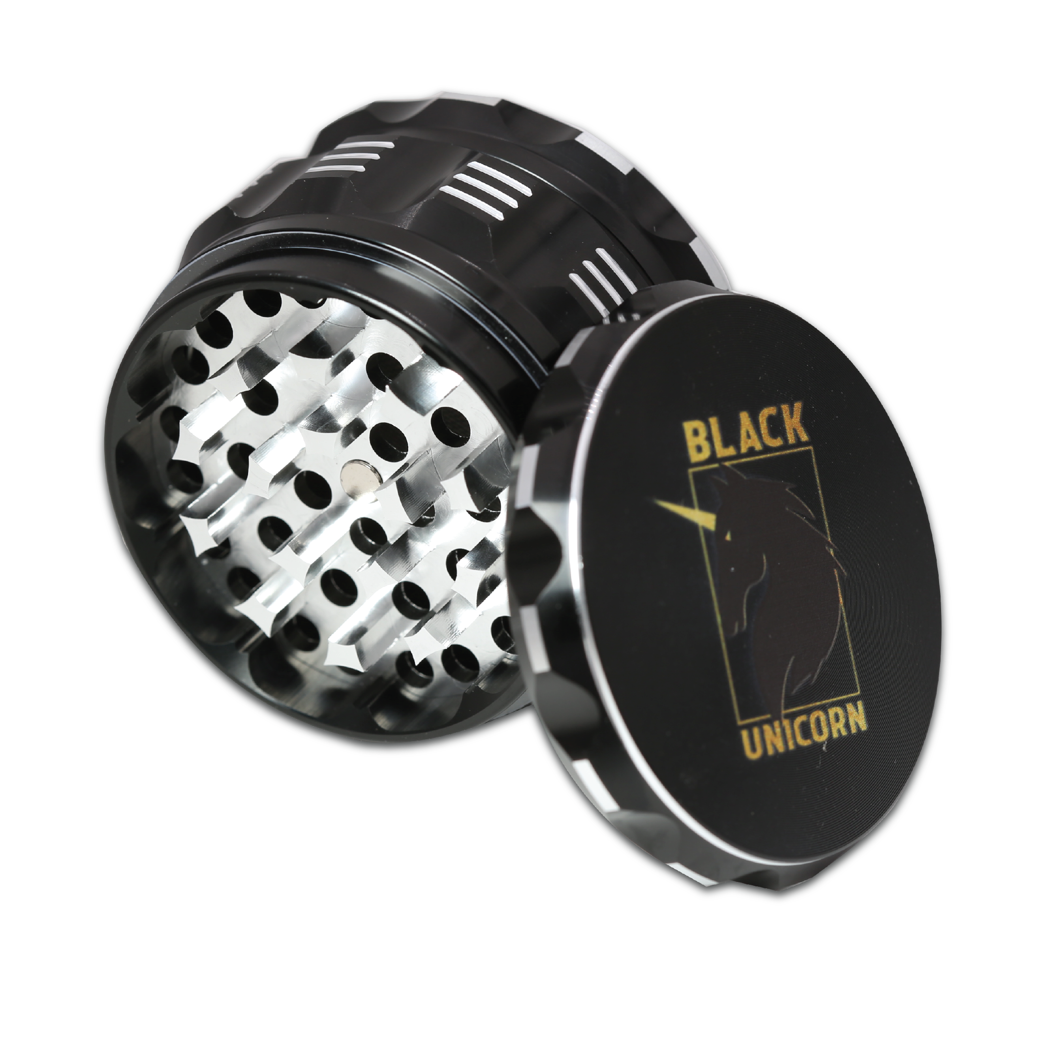 Aluminum Grinder with Pollen Catcher. Large 4 Piece, 2.5" (Black)