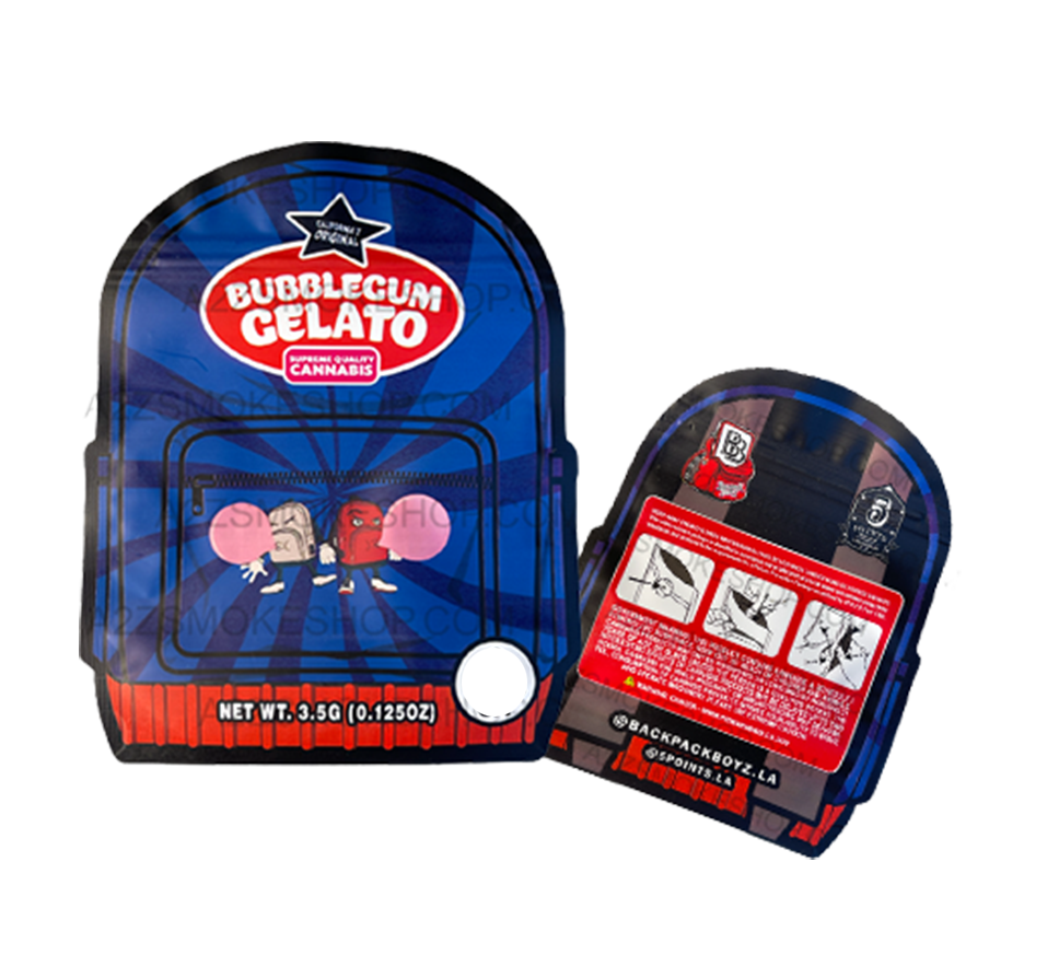 Backpack Boyz Bubblegum Gelato Blue cut out Mylar zip lock bag 3.5G