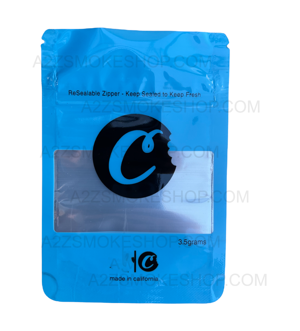 Cookies  Blue Window Mylar Bags 3.5 Grams Smell Proof Resealable Bags w/ Holographic Authenticity Stickers