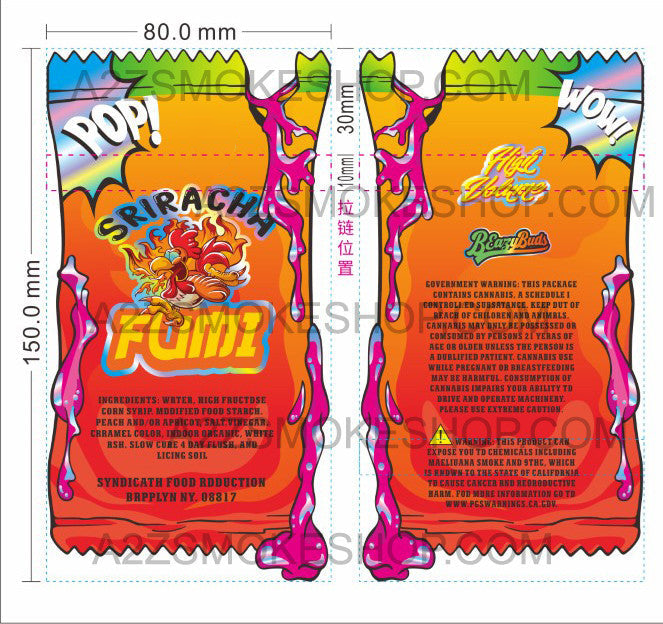 Fumi Sriracha cut out Mylar Bags 3.5g Die Cut Holographic Beazy Buds