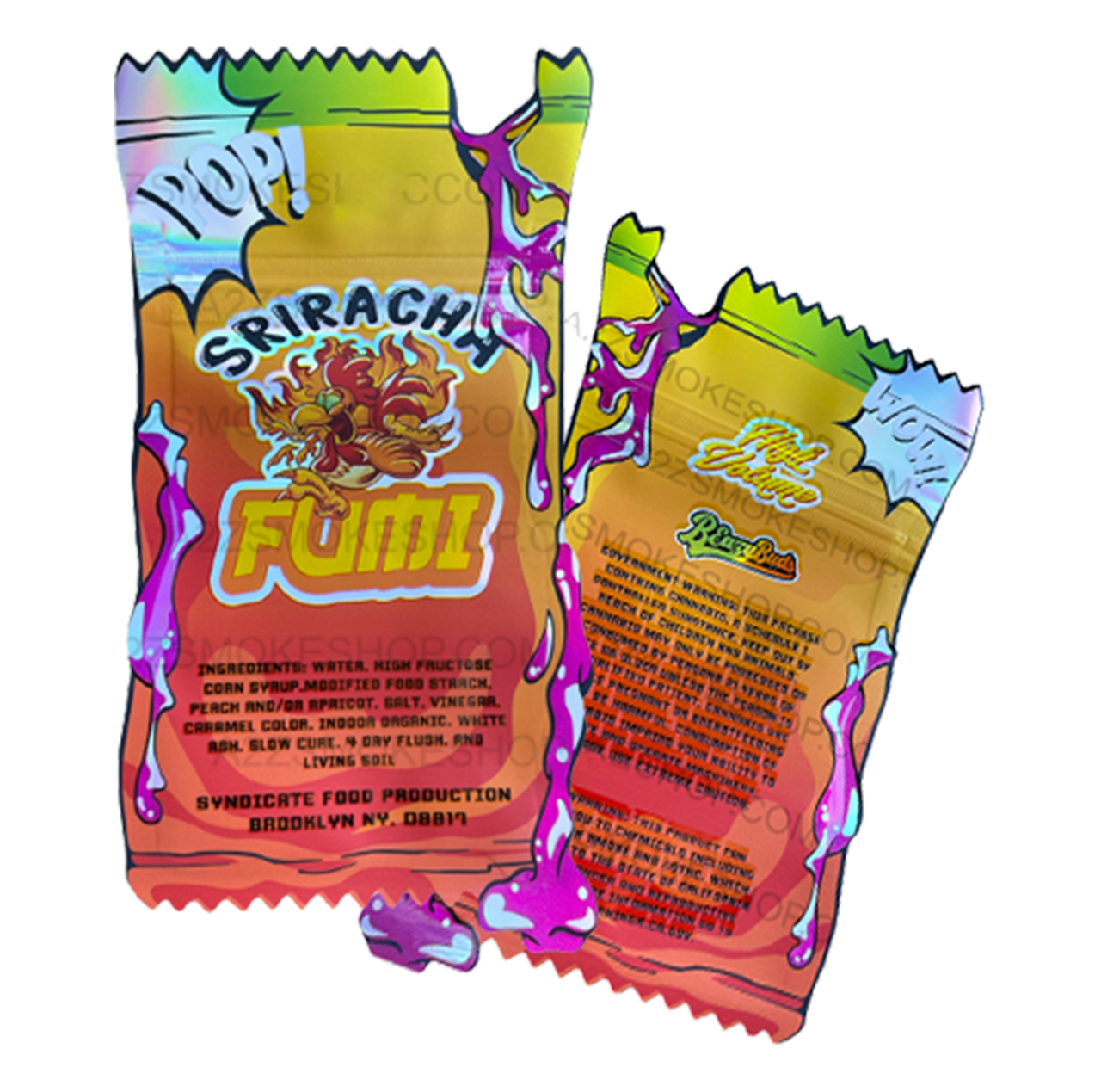 Fumi Sriracha cut out Mylar Bags 3.5g Die Cut Holographic Beazy Buds