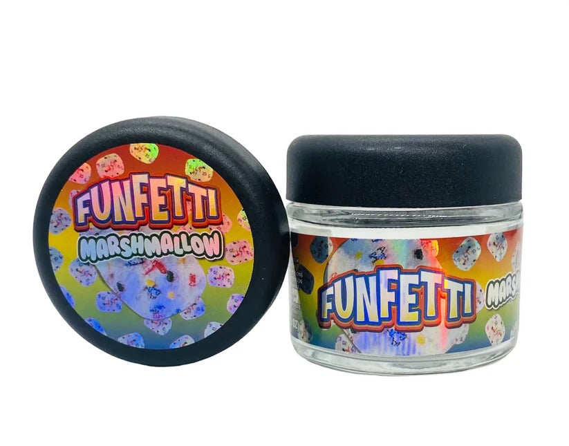 Funfetti Marshmallow Sprinkelz 3.5g Glass Jars with Holographic Stickers Child Resistant jar