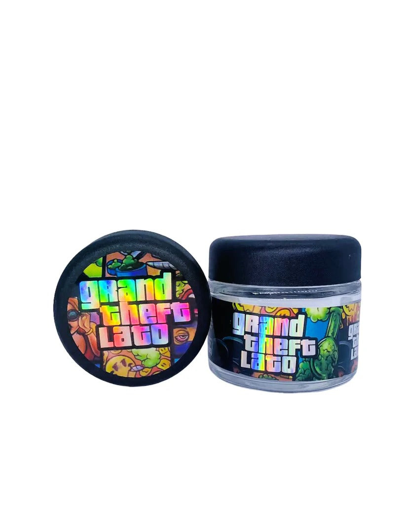 Grand Theft Lato 3.5g Glass Jars with Holographic Stickers Child Resistant jar