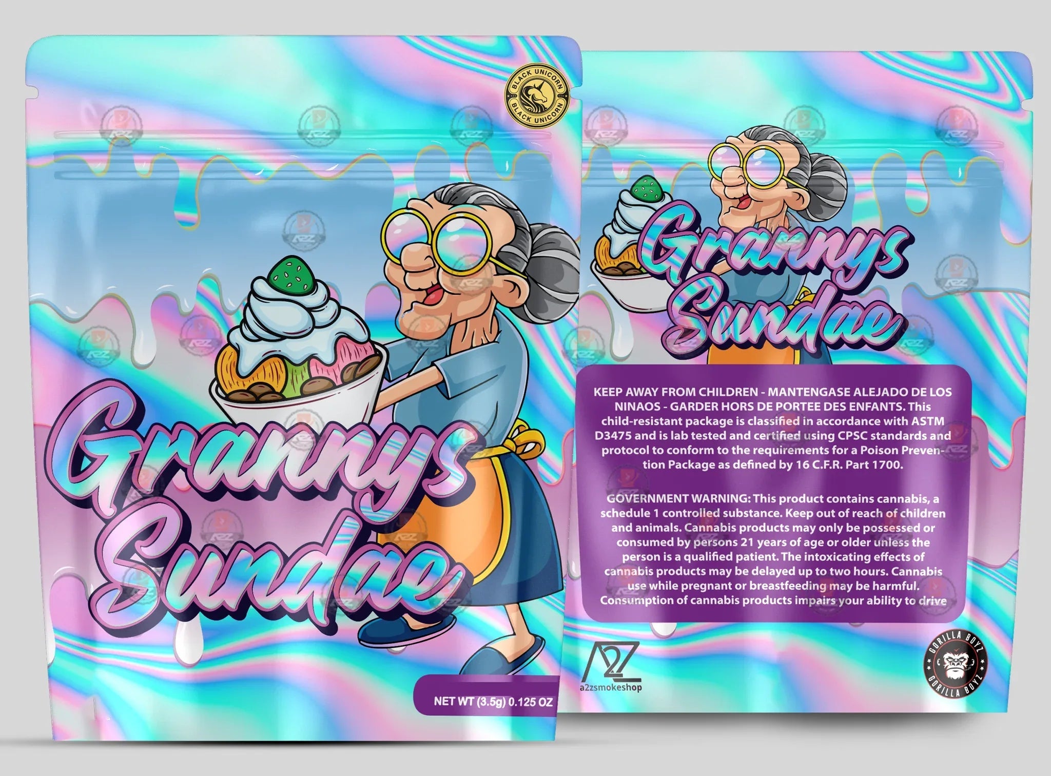 Granny's Sundae Holographic Mylar bag 3.5g - Black Unicorn - Packaging only - Black Unicorn Hub