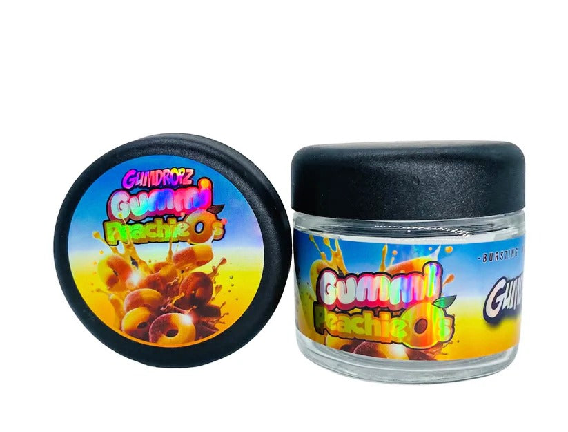 Gummie Peachios Sprinkelz 3.5g Glass Jars with Holographic Stickers Child Resistant jar