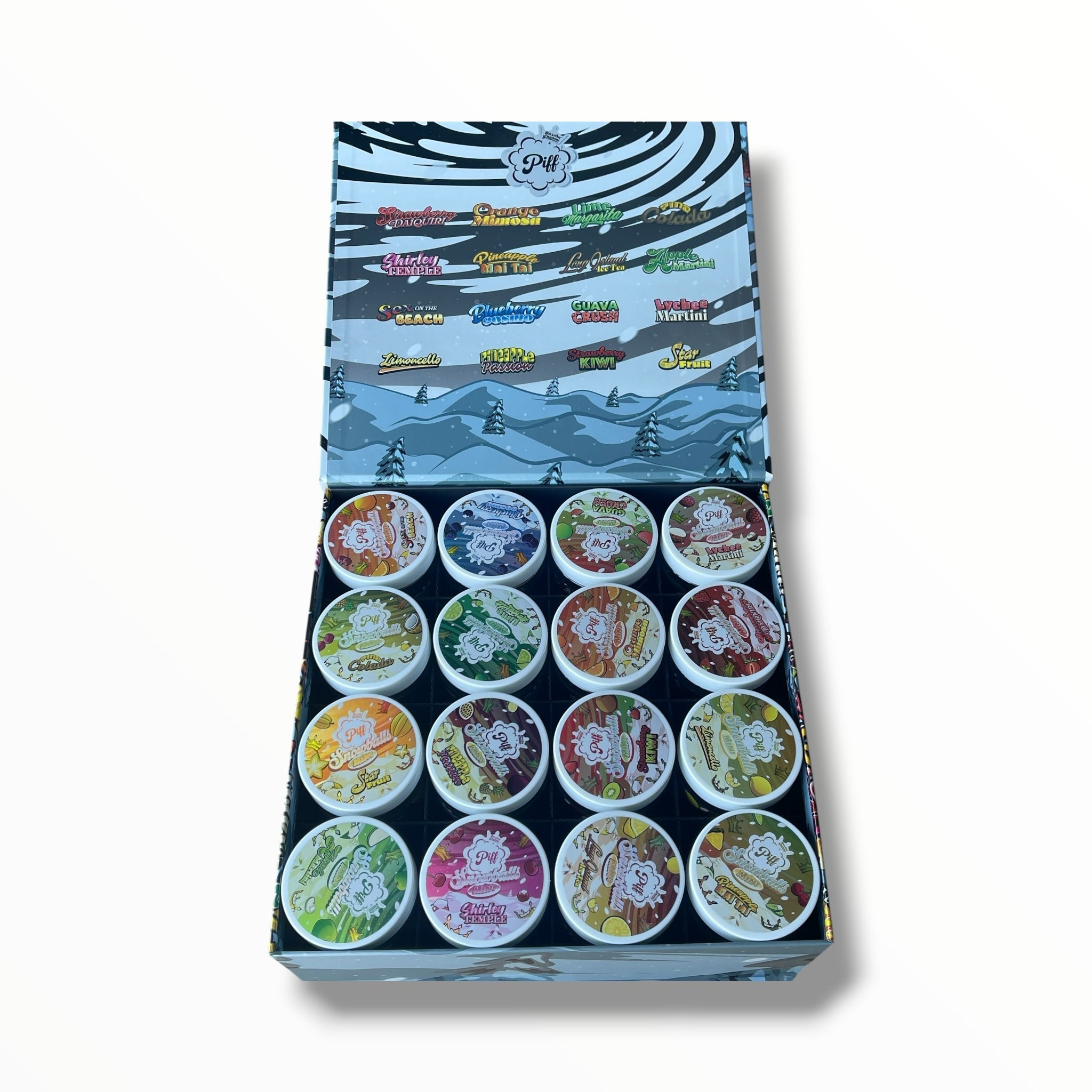 Piff Snowballs Mini 16-1oz Plastic Jars - Varity Pack 16 Flavors in box 1 pound with outer box Empty plastic Jars (Copy)