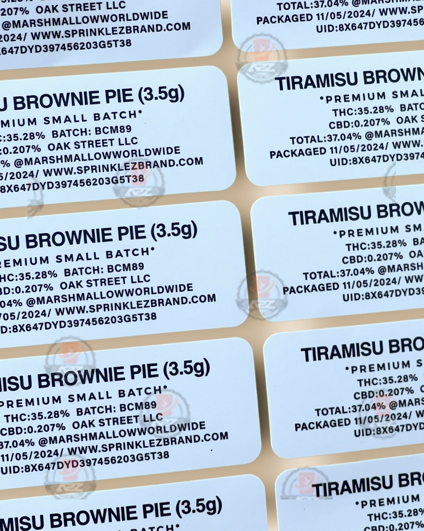 Sprinklez Tiramisu Brownie Pie 3.5G Mylar Bags -With stickers and label