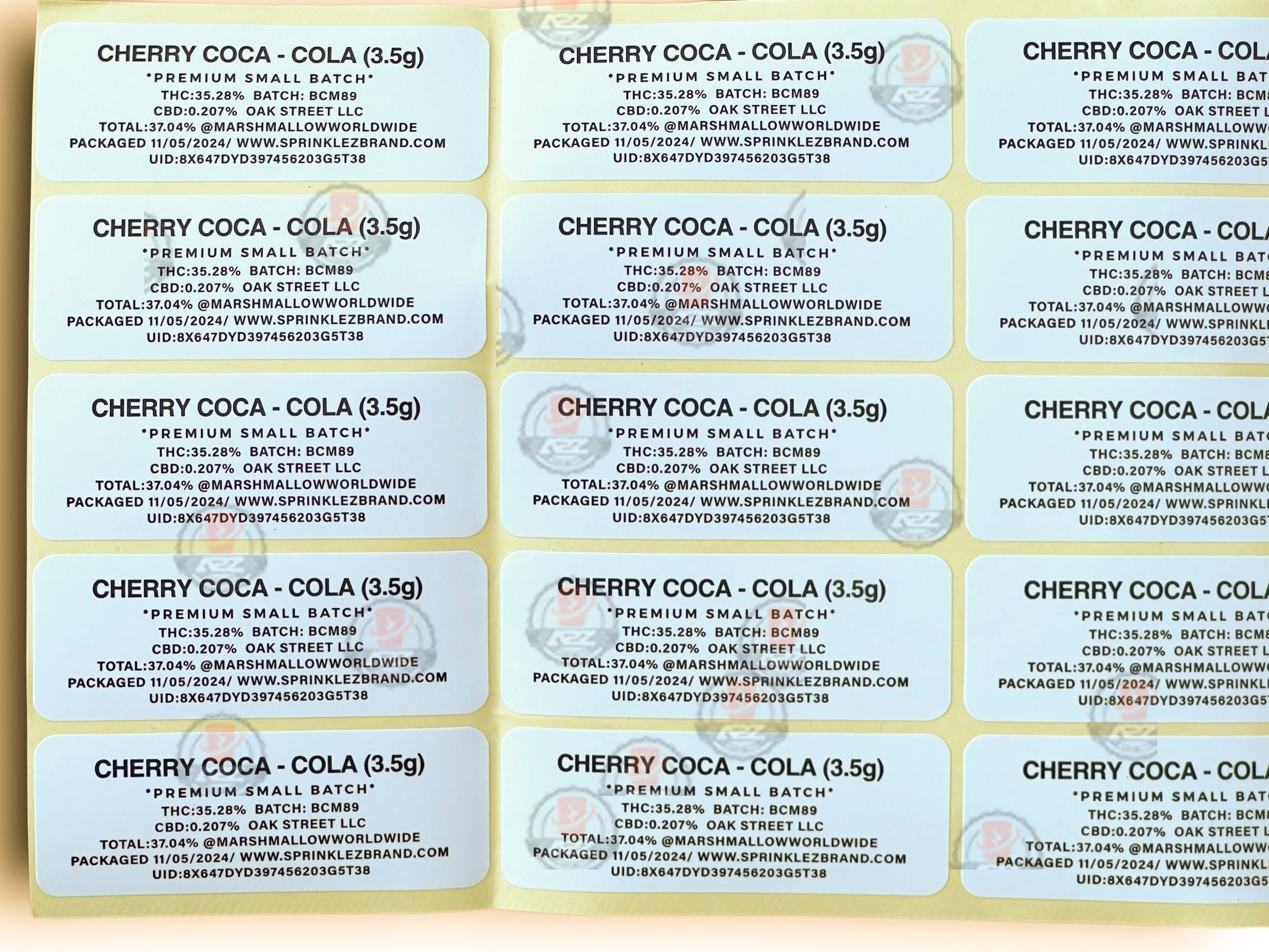 Sprinklez Cherry Coca Cola Marshmallow 3.5G Mylar Bags -With stickers and label