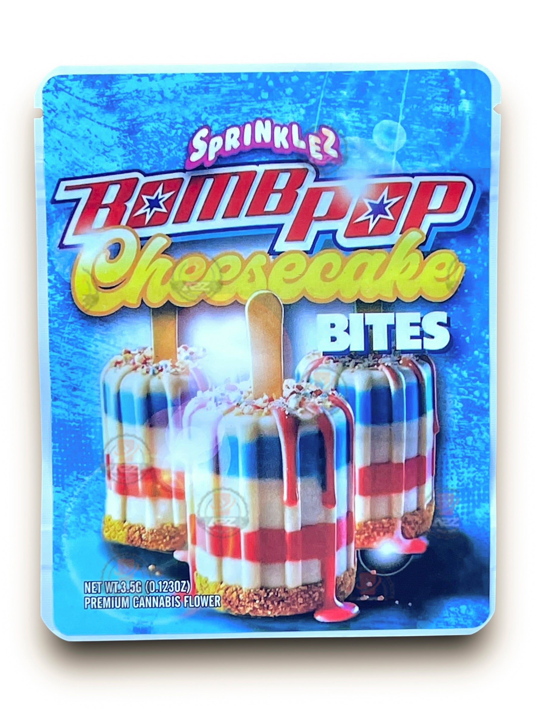 Sprinklez Bomb Pop Cheesecake Bites 3.5G Mylar Bags -With stickers and label