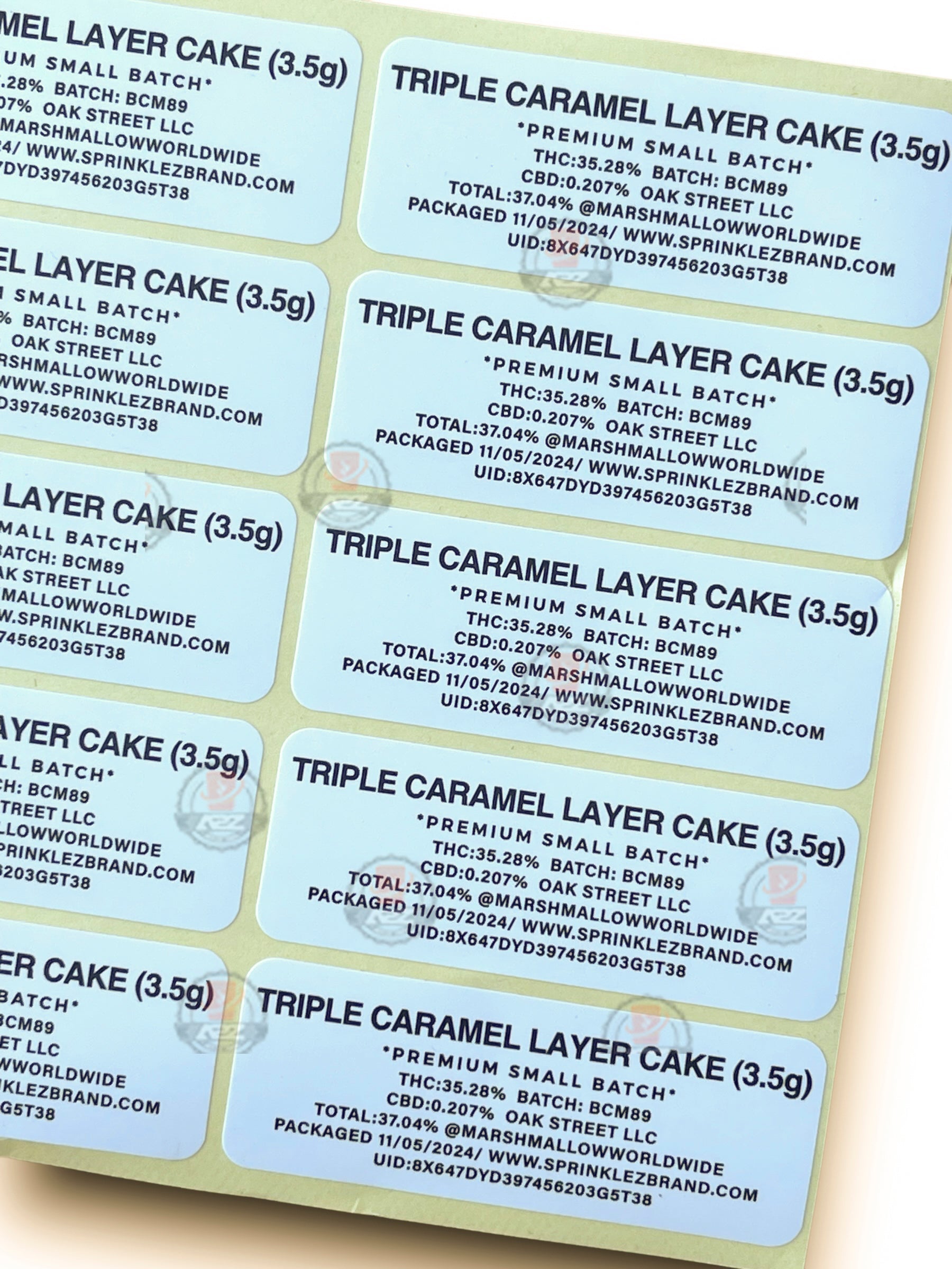 Sprinklez Triple Caramel Layer Cake 3.5G Mylar Bags -With stickers and label