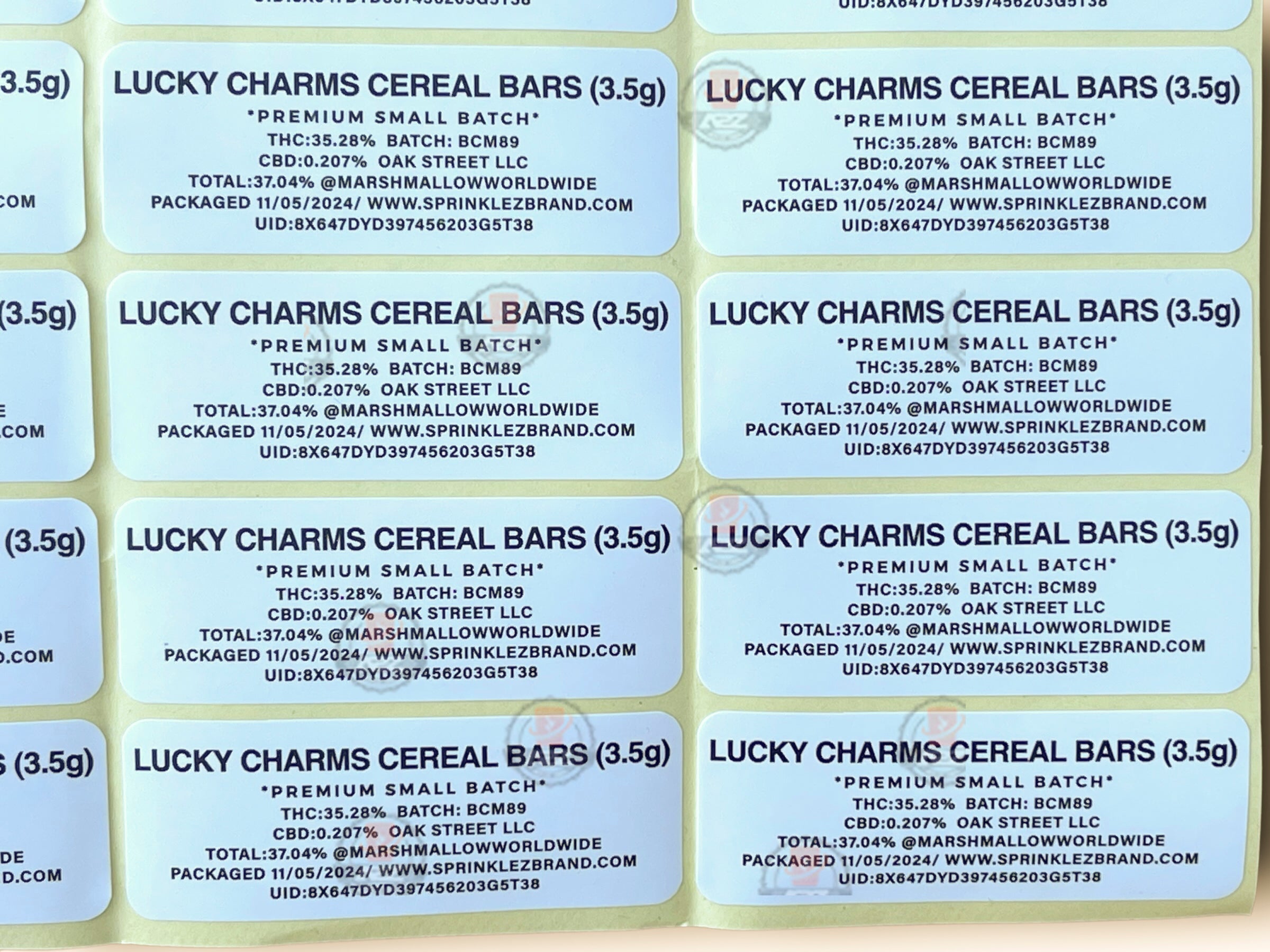 Sprinklez Lucky Charms Cereal Bars 3.5G Mylar Bags -With stickers and label