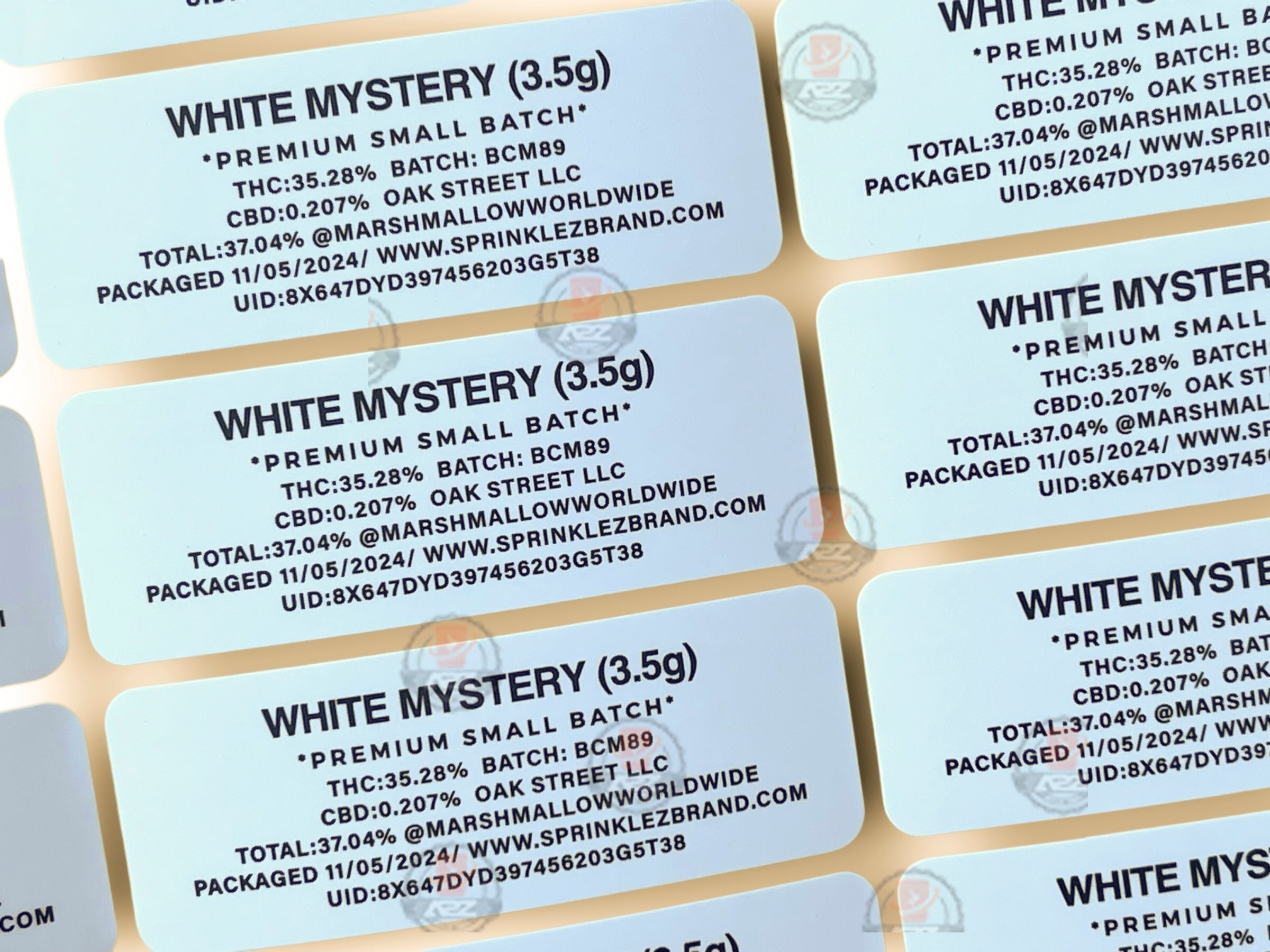 Sprinklez White Mystery Marshmallow 3.5G Mylar Bags -With stickers and label