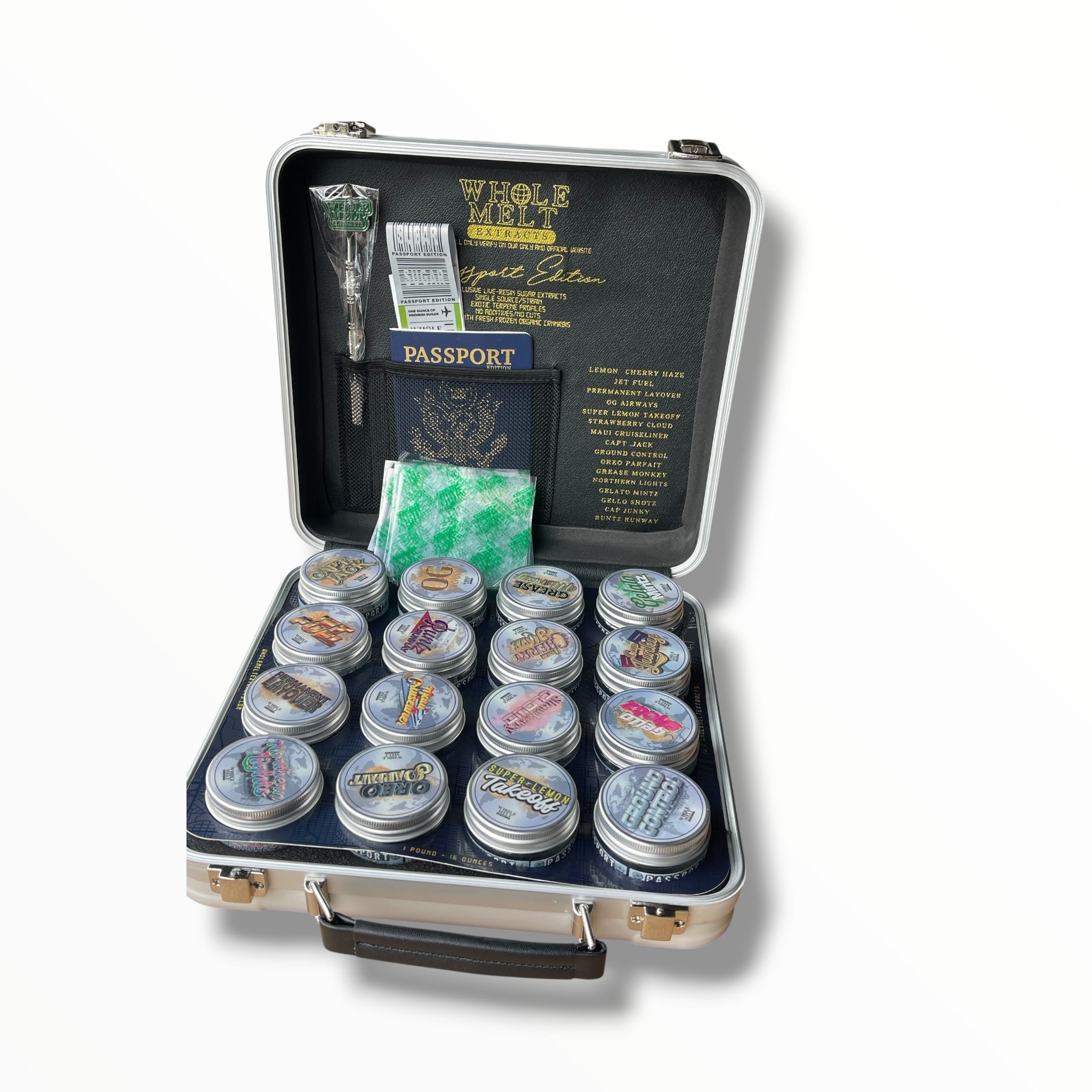 Whole Melt Passport Edition 1oz Glass Jars - Varity Pack 16 Strains in box Empty Jars