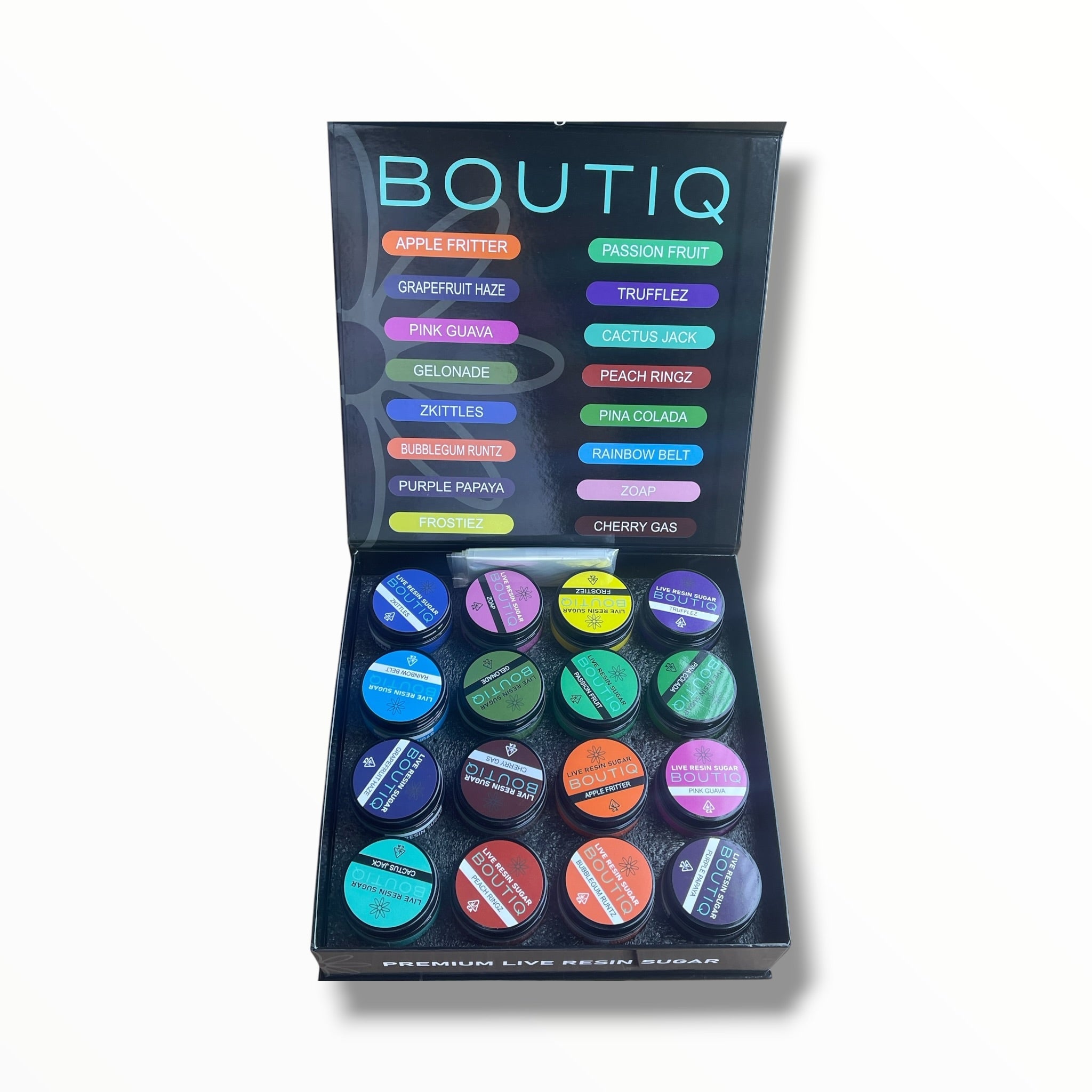 Boutiq 16-1oz Jars in a box Mixed Strains Variety Pack- Empty packaging only