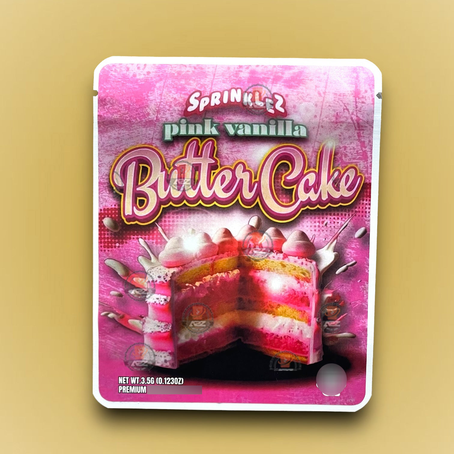Sprinklez Pink Vanilla Butter Cake 3.5g Mylar Bags -With stickers and label