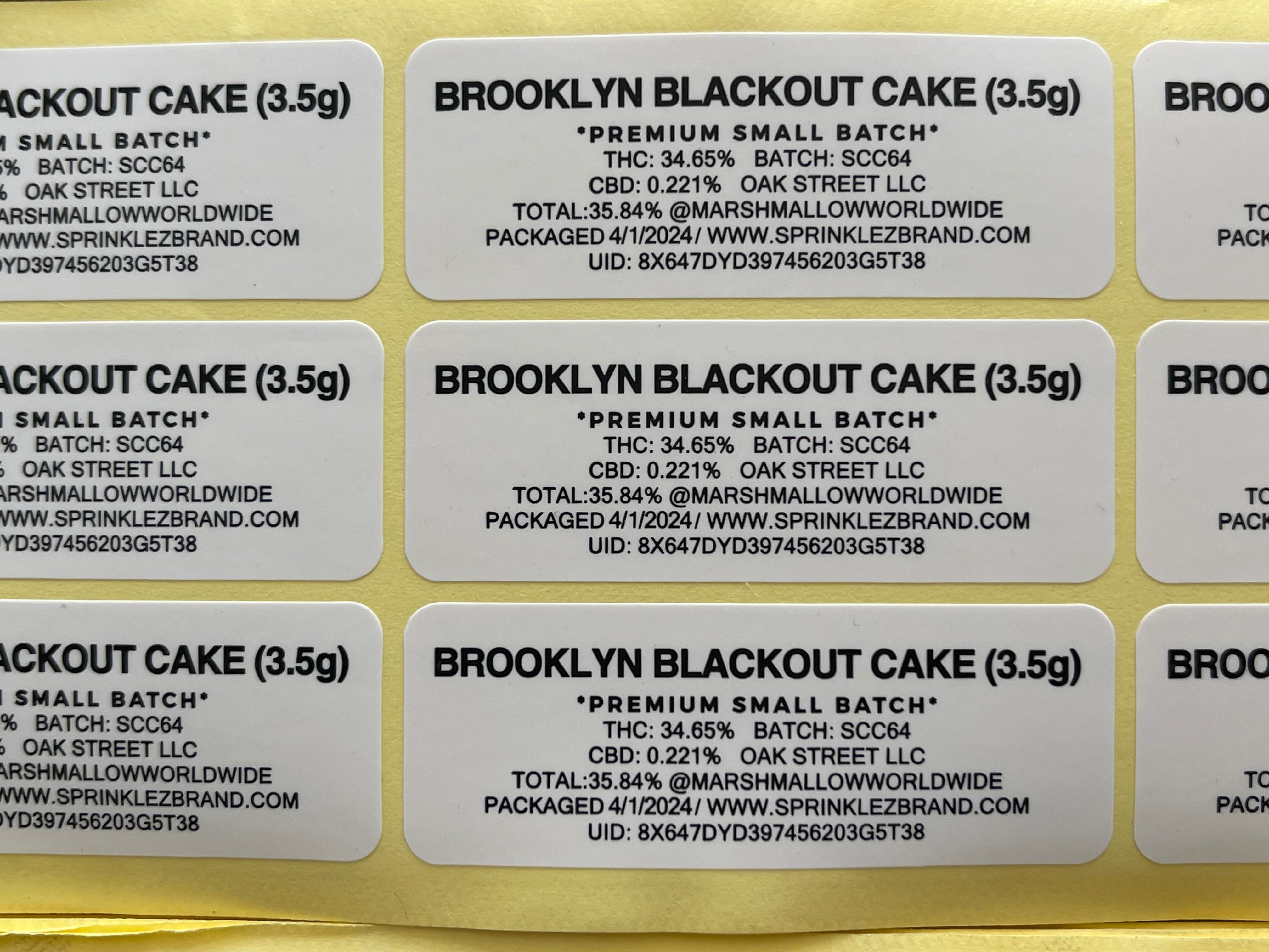 Sprinklez Brooklyn Blackout Cake 3.5G Mylar Bags -With stickers and labels