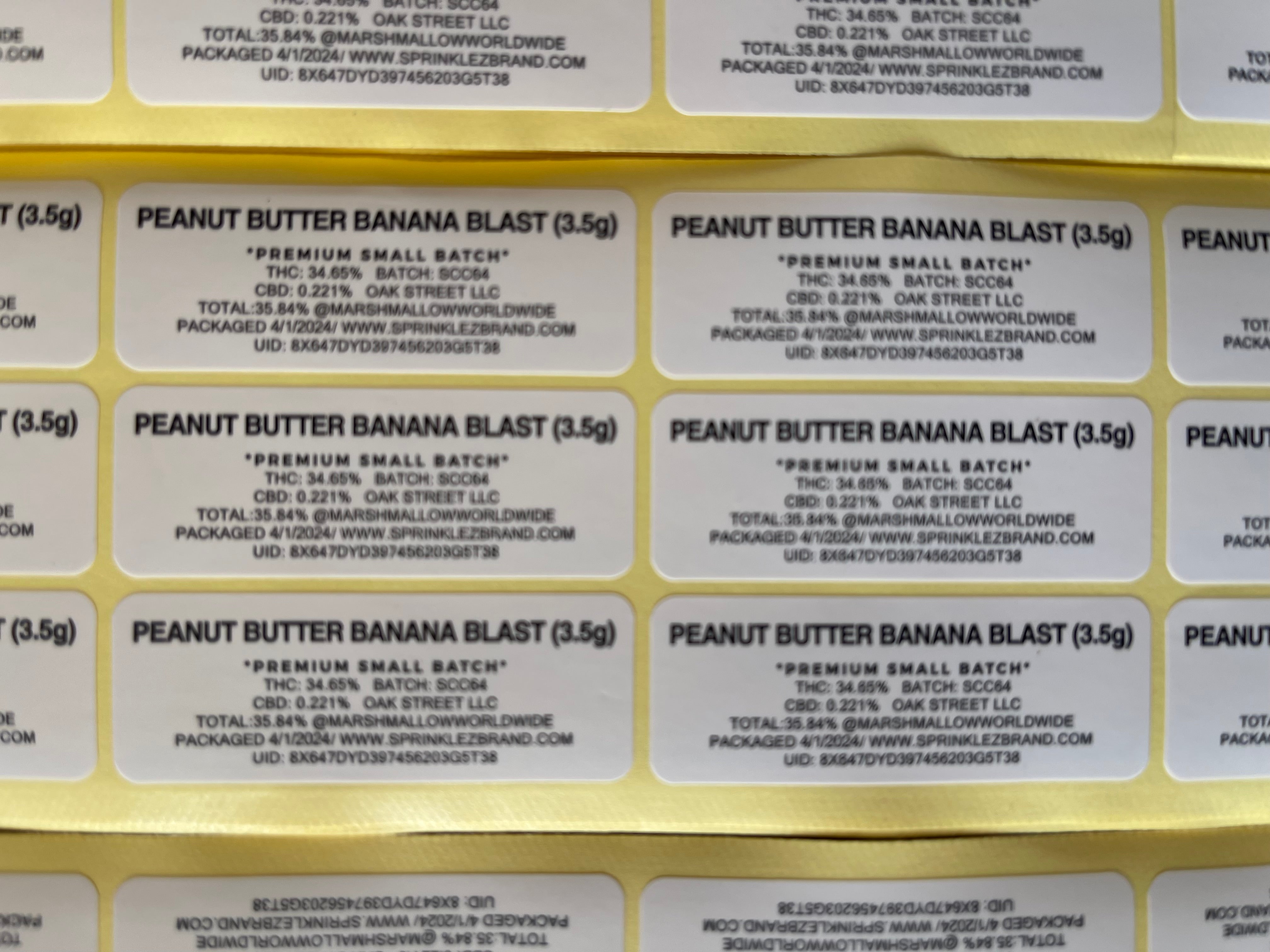 Sprinklez Peanut Butter Banana Blast 3.5g Mylar Bags -With stickers and label
