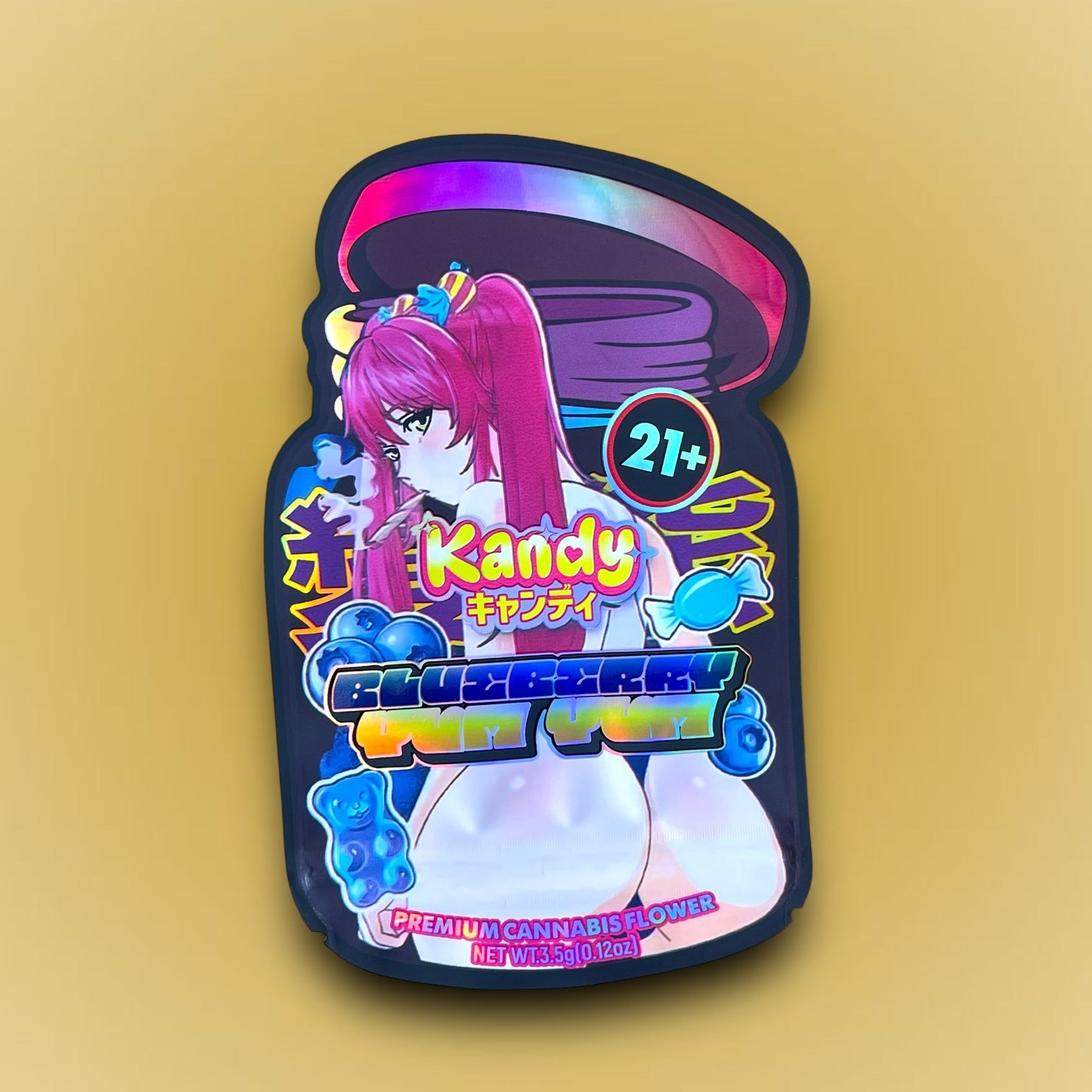 Kandy Blueberry Yum Yum 3.5G Mylar Bags Holographic cut out