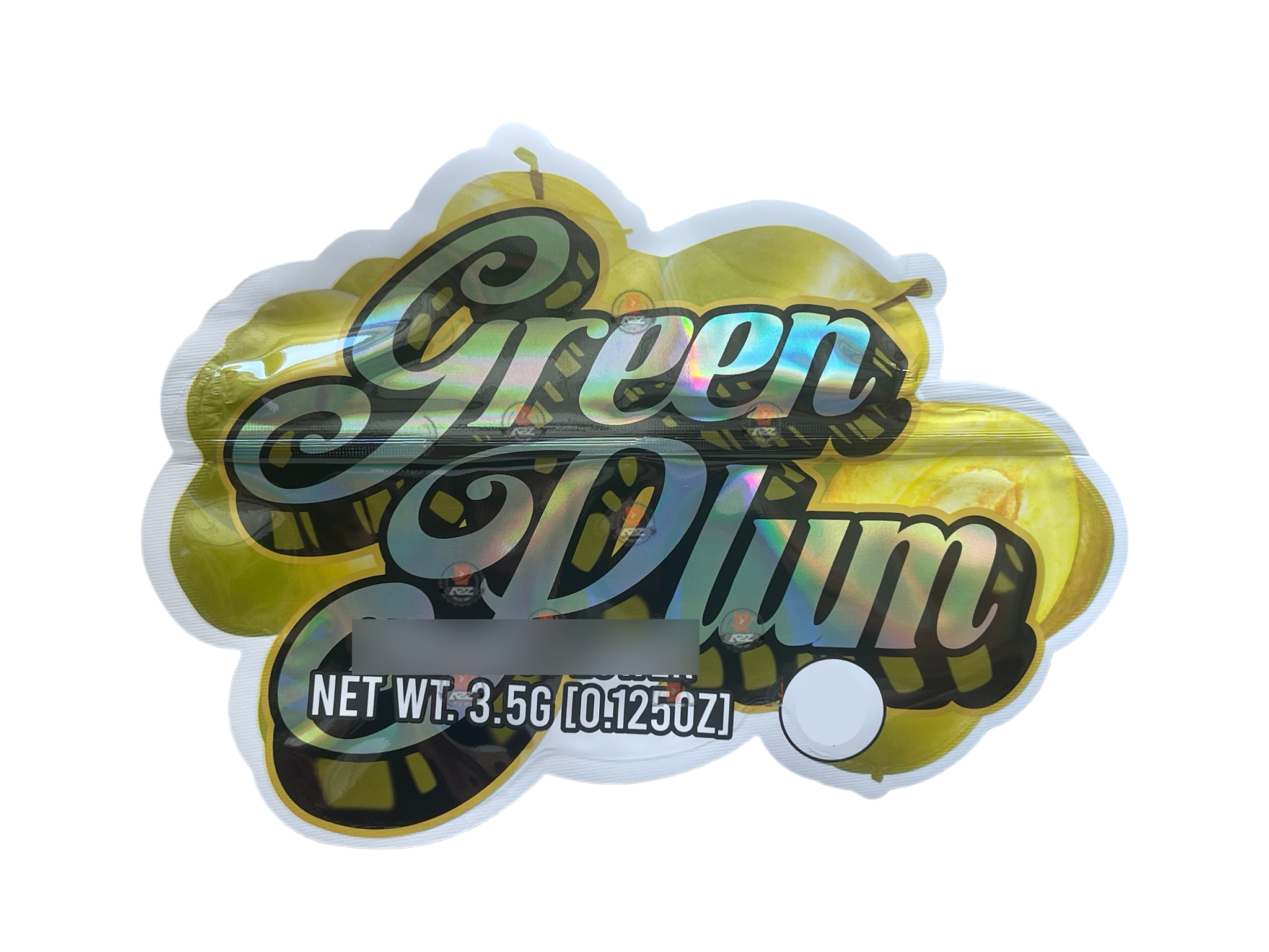 Green Plum 3.5 grams Mylar Bag Holographic White Smoke