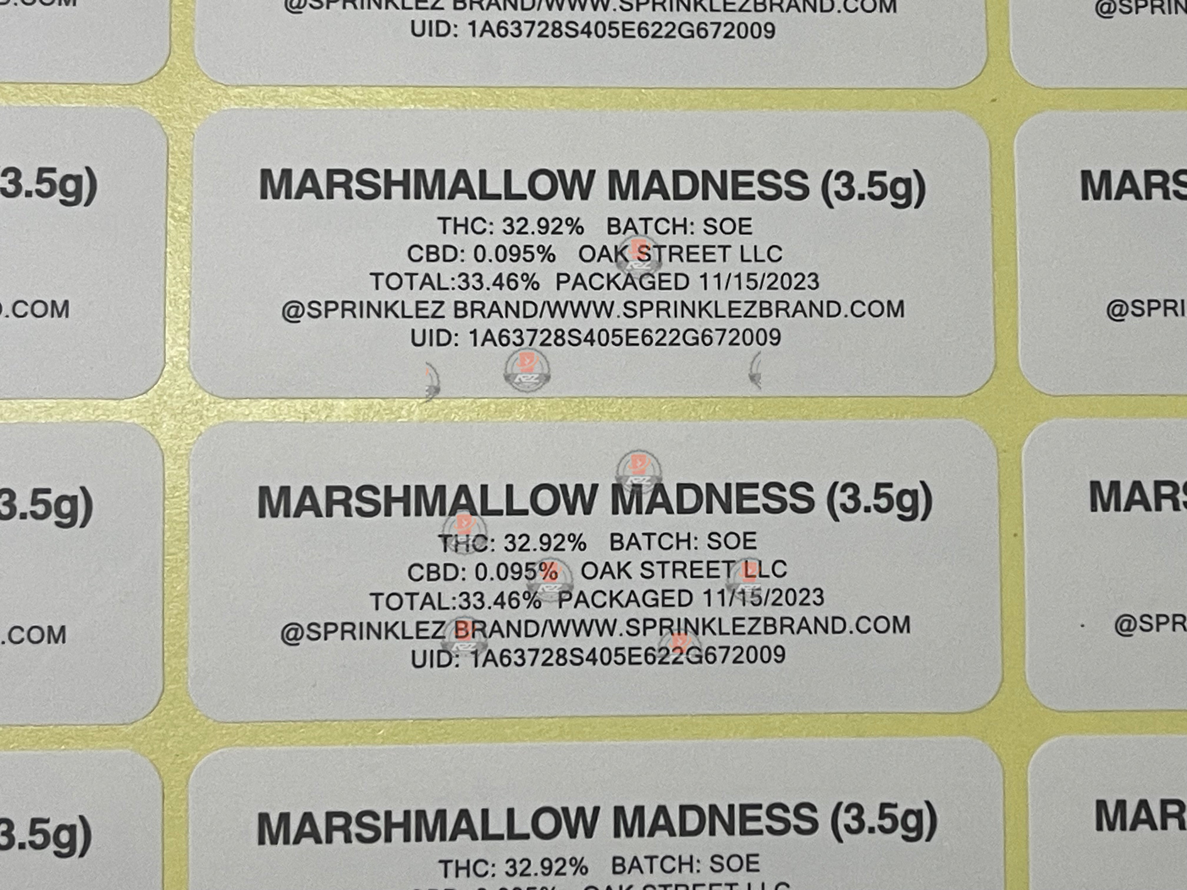 Sprinklez Madness Marshmallow Mylar Bags 3.5g Sticker base Bag -With stickers and labels