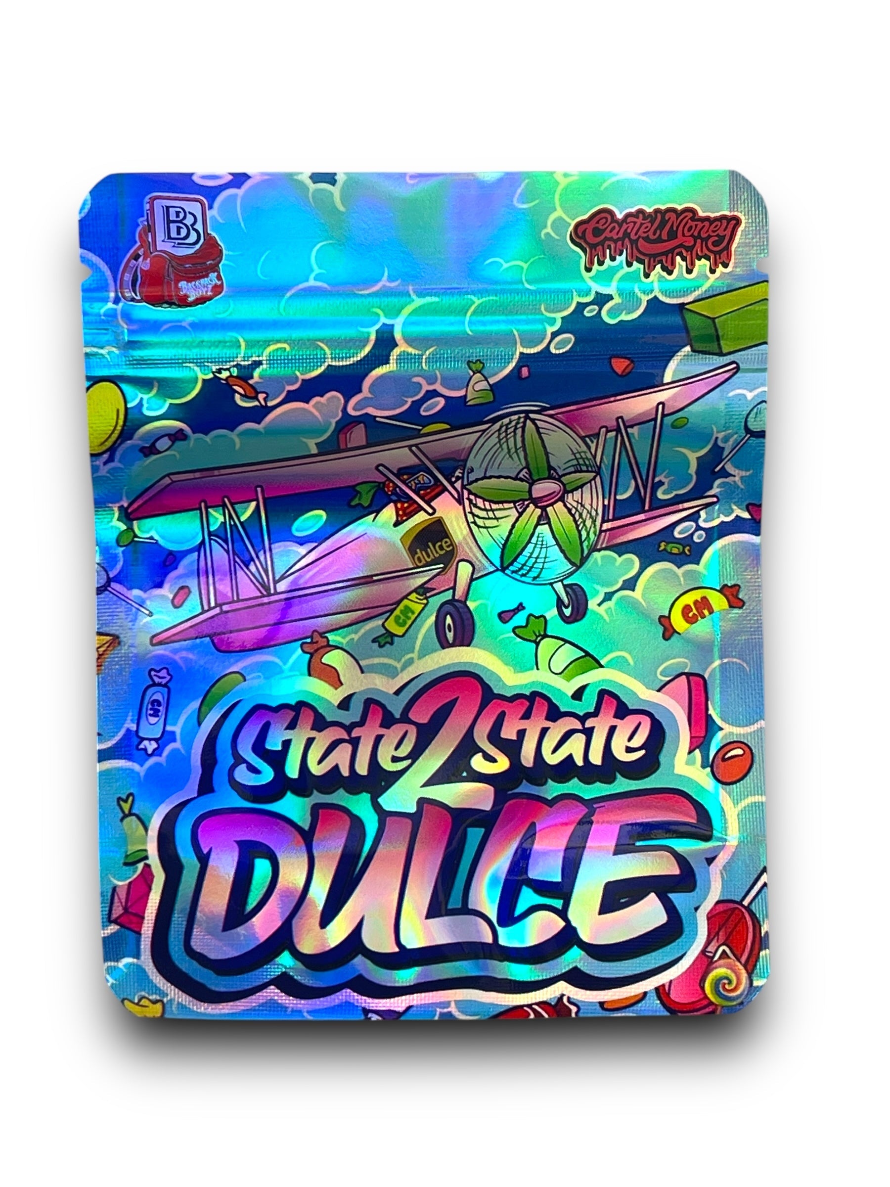 State 2 State Dulce Mylar Bags 3.5g Holographic Cartel Money