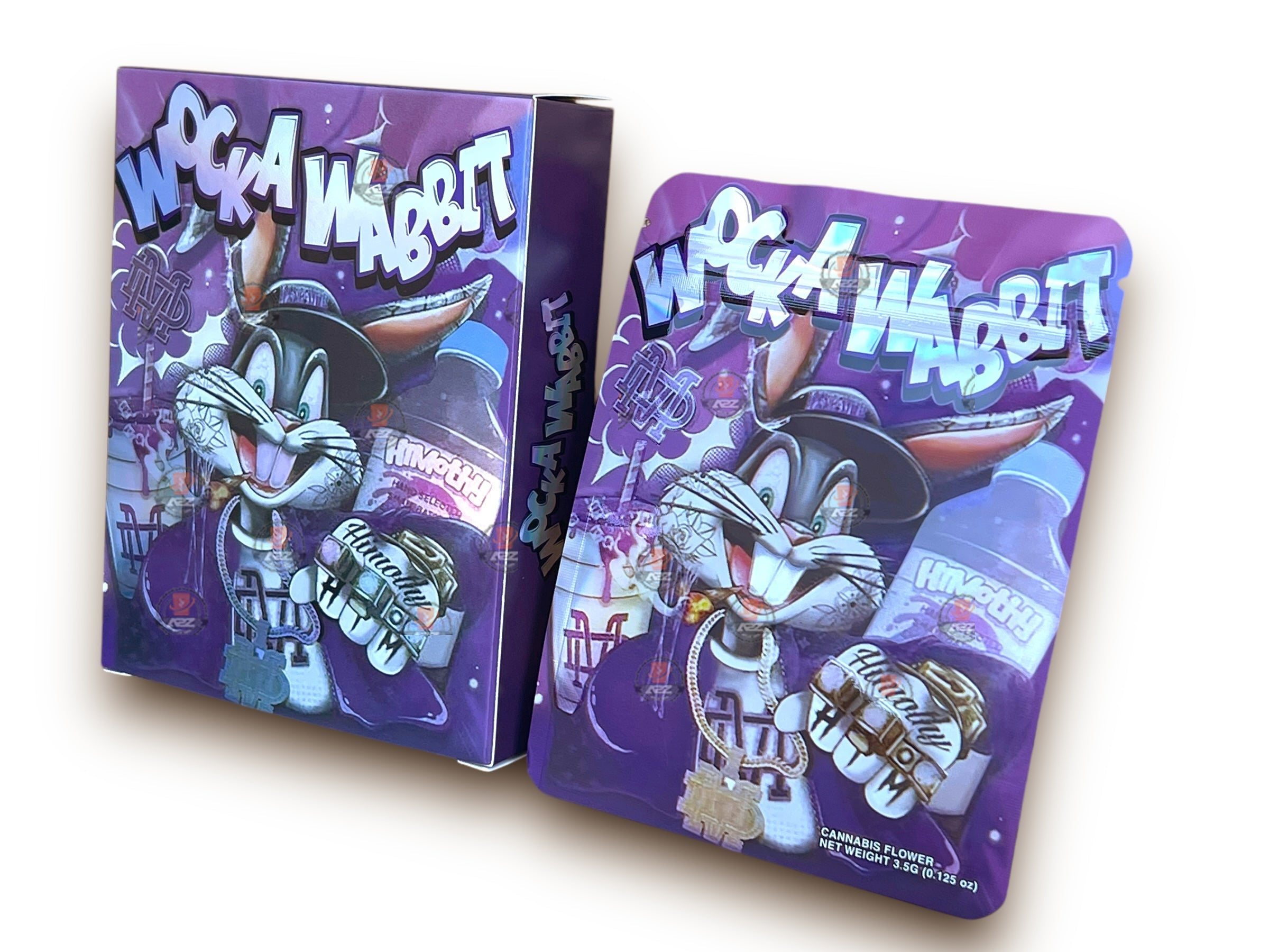 Wocka Wabbit Mylar Bags with Boxes 3.5g Box Packaging Holographic