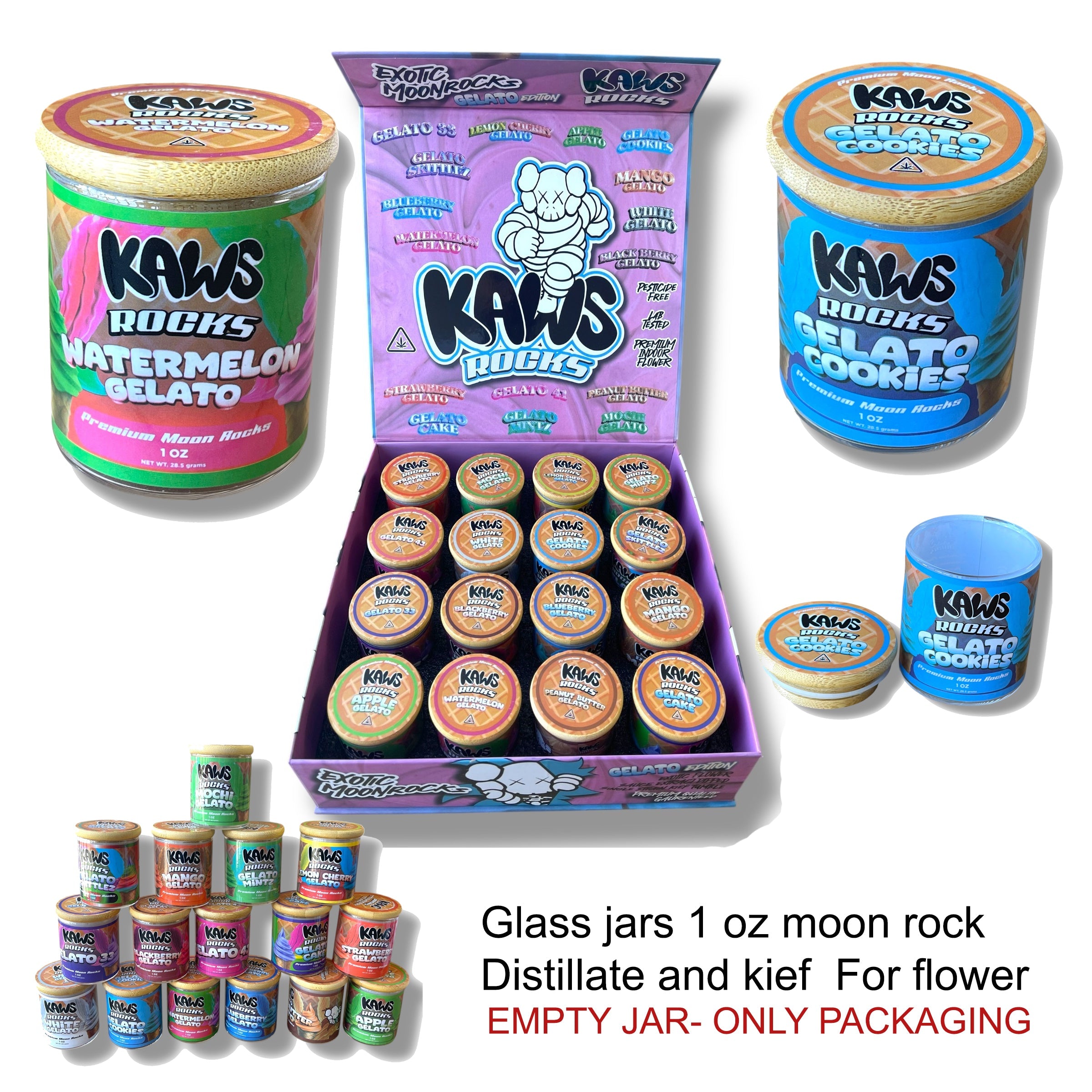 Kawz Moon Rocks Gelato Edition 1oz Glass Jars - Varity Pack 16 Strains in box