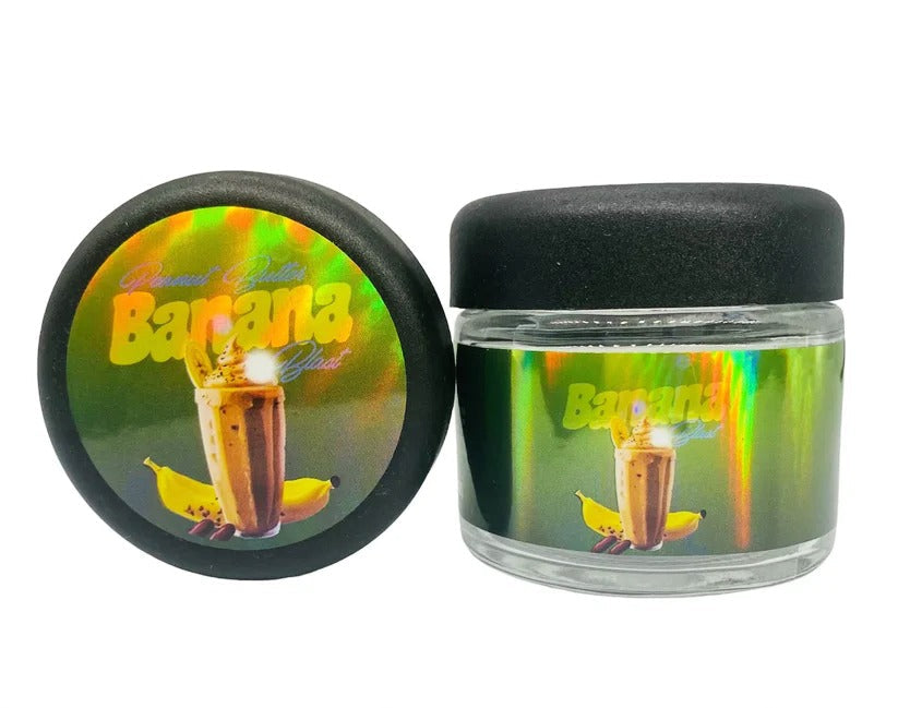 Peanut Buter Banana Blast Sprinklez 3.5g Glass Jars with Holographic Stickers Child Resistant jar