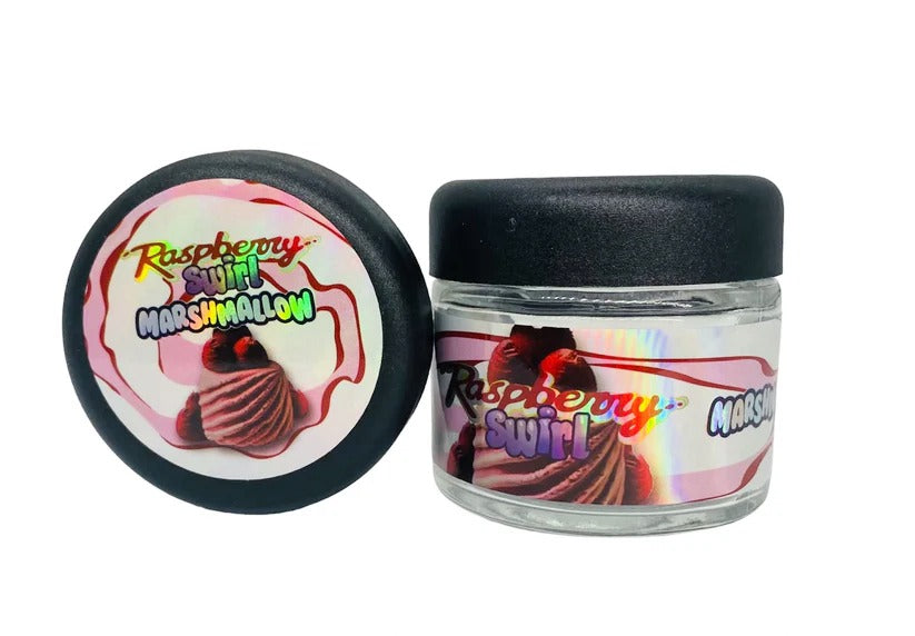 Raspberry Swirl Marshmallow Sprinklez 3.5g Glass Jars with Holographic Stickers Child Resistant jar